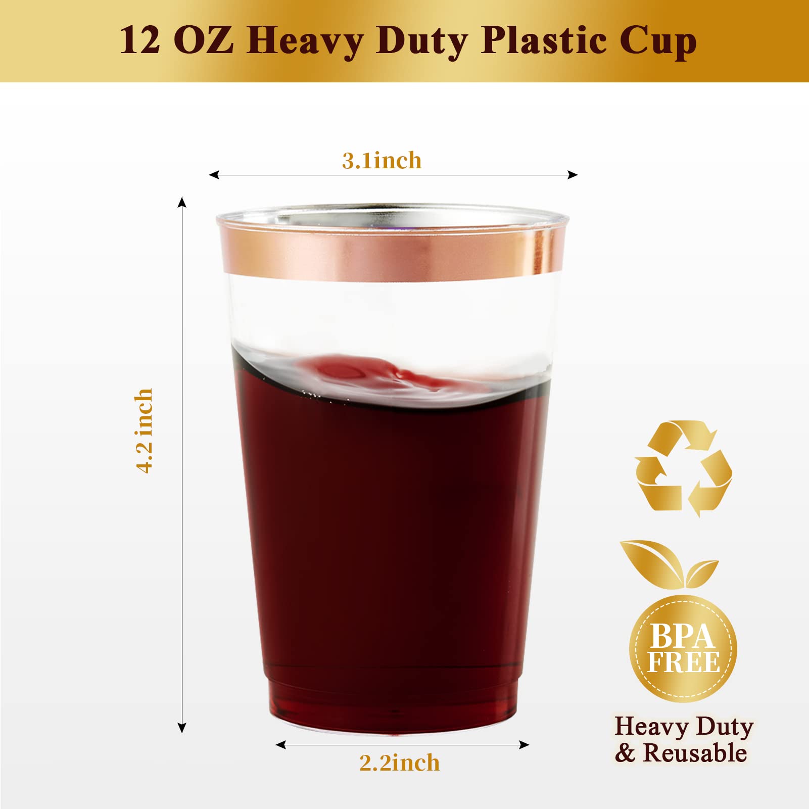 Vplus 150 Pack 12 Oz Rose Gold Rimmed Plastic Cups, Reusable Clear Plastic Cups, Disposable Heavy Duty Plastic Cups Perfect For