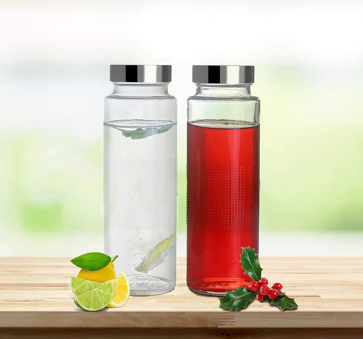 Vency 500ml Glass Water Bottle with LeakProof Airtight Stainless Steel Lid for Water, Smoothie, Juices (Set Of 2)