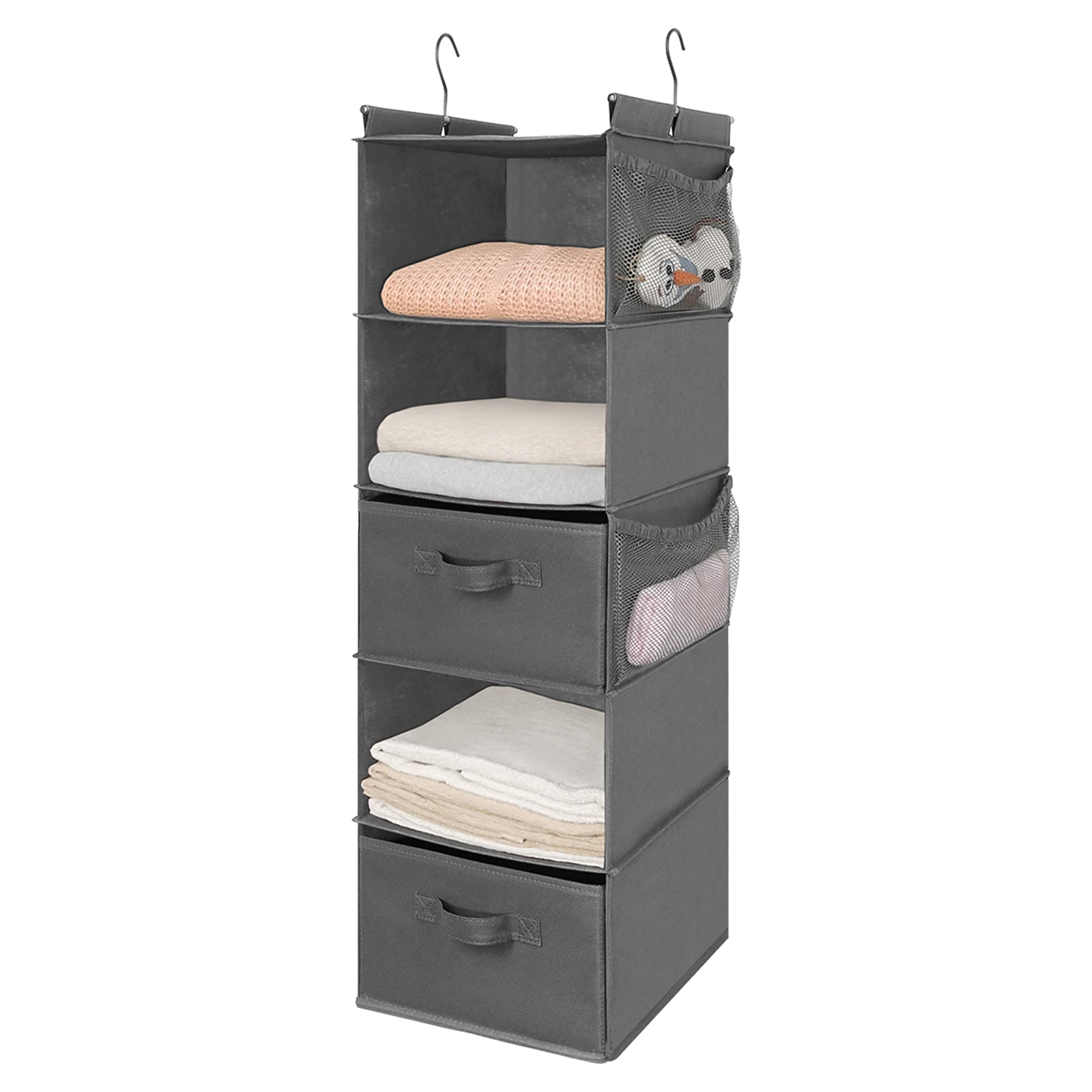 Max Houser 5 Tier Shelf Hanging Closet Organizer, Cloth Hanging Shelf With 2 Sturdy Hooks For Storage, Foldable (Grey-D2)