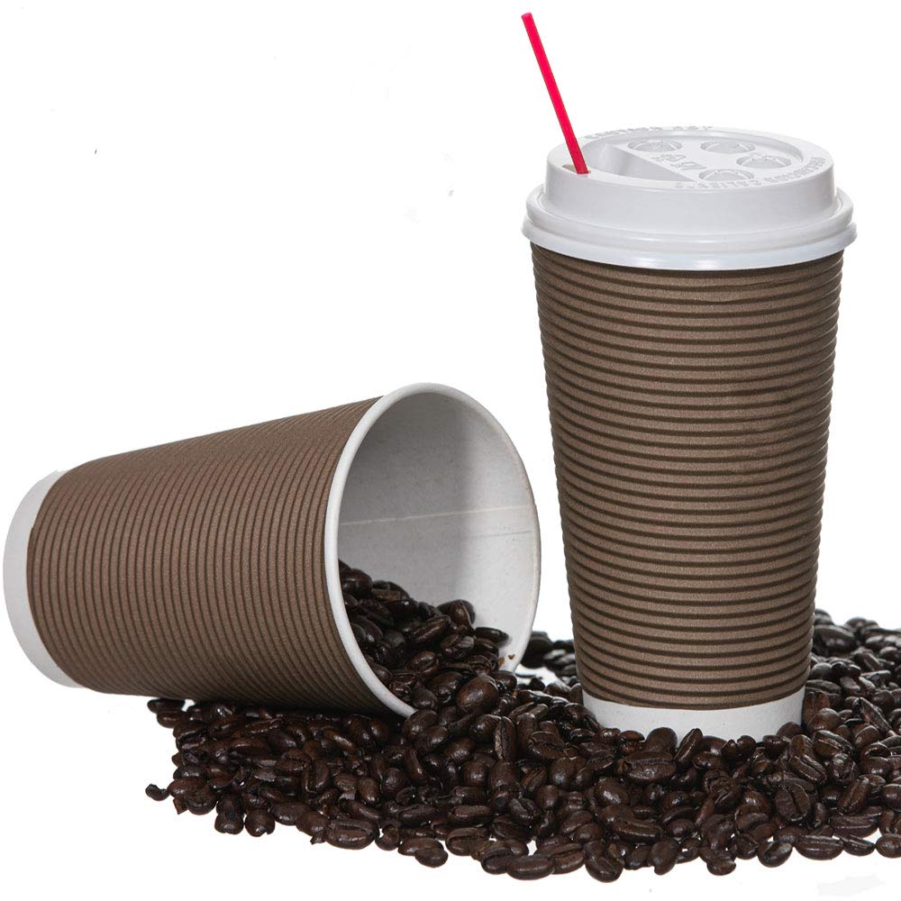 Disposable Coffee Cups With Lids And Stirrers 12 Oz (50 Set), Insulated Double Wall, No Drip Roll Up Rims, Easy To Grip Ripple D