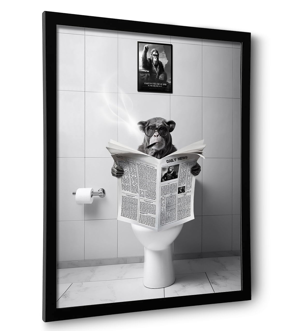 Black And White Wall Art, Framed Bathroom Decor Wall Art, Funny Animal Bathroom Wall Decor, Funny Chimpanzee On Toilet (Framed,1