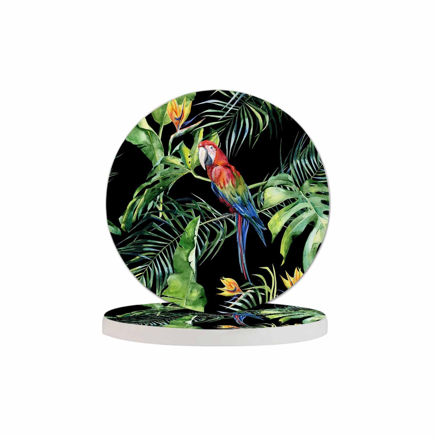 Pznen Scarlet Macaw Parrot Coaster For Drinks Individual Tropical Jungle Bird Animal Leaf Floral Botanical Palm Tree Presents Fo
