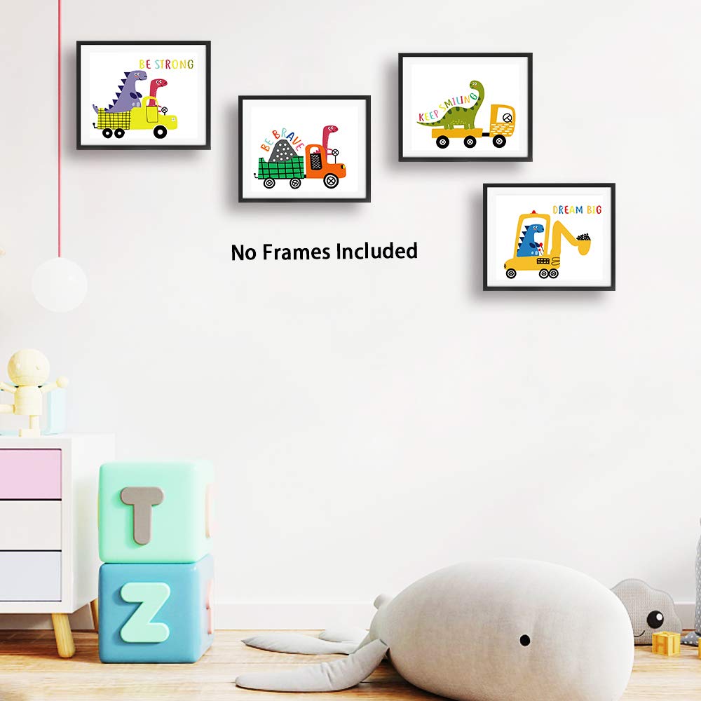 Funny Colorful Cute Dinosaur Truck Inspirational Quotes Art Print Humorous Quotes Painting  Dinosaur Wall Art Canvas Poster for Boy Room Nursery Classroom Playroom Decor  Set of 4 (8X10)  No Frame