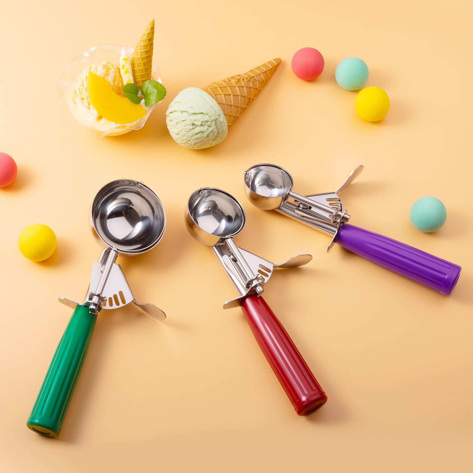 Ice Cream Scoop, Ice Cream Scooper Set Include Different Sizes, Heavy Duty Ice Cream Scoop With Trigger, Polishing Stainless Ste