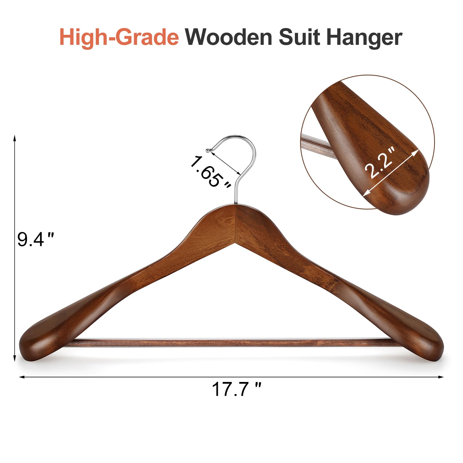 Topia Hanger Wide Shoulder Wooden Hangers, Suit Hangers With Non Slip Pants Bar & 360 Swivel Hook, Solid Wood Heavy Duty Coat Ha