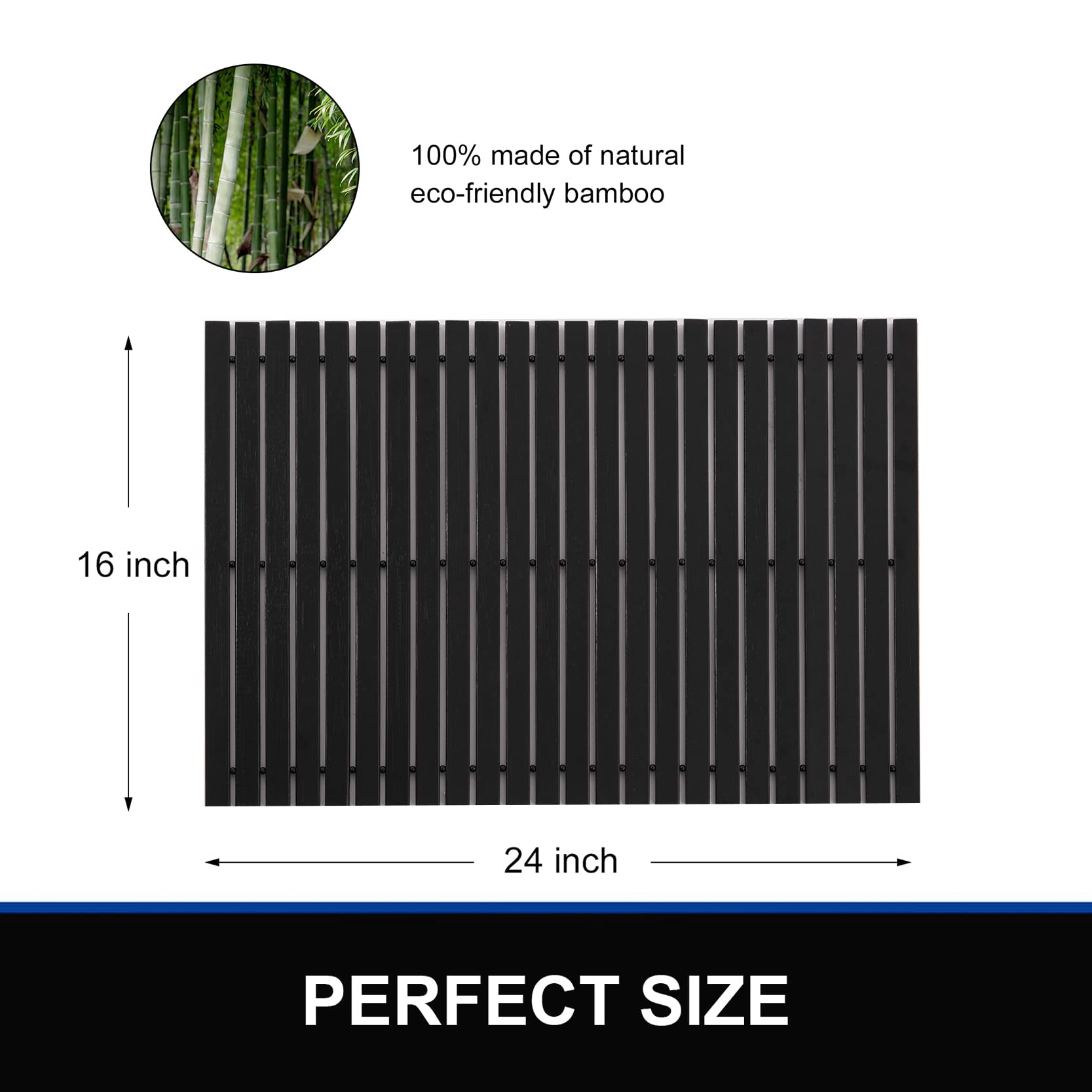 Bamboo Bath Mat Bathroom Rugs Floor Wood Shower Bathtub Waterproof Non Slip Accessories 16x24 Inch Easy to Clean  Black Bamboo  1 pc