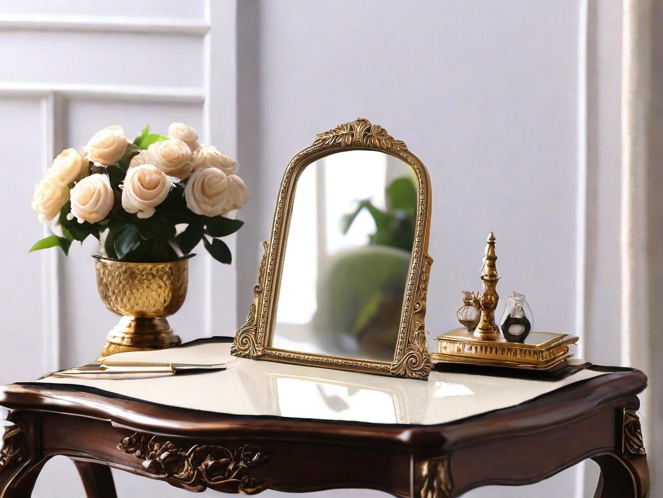 Hsddhome Vintage Gold Vanity Makeup Desk Mirror - Antique Chic Arch Table Mirror With Carved Resin Frame, Small Standing Arendah