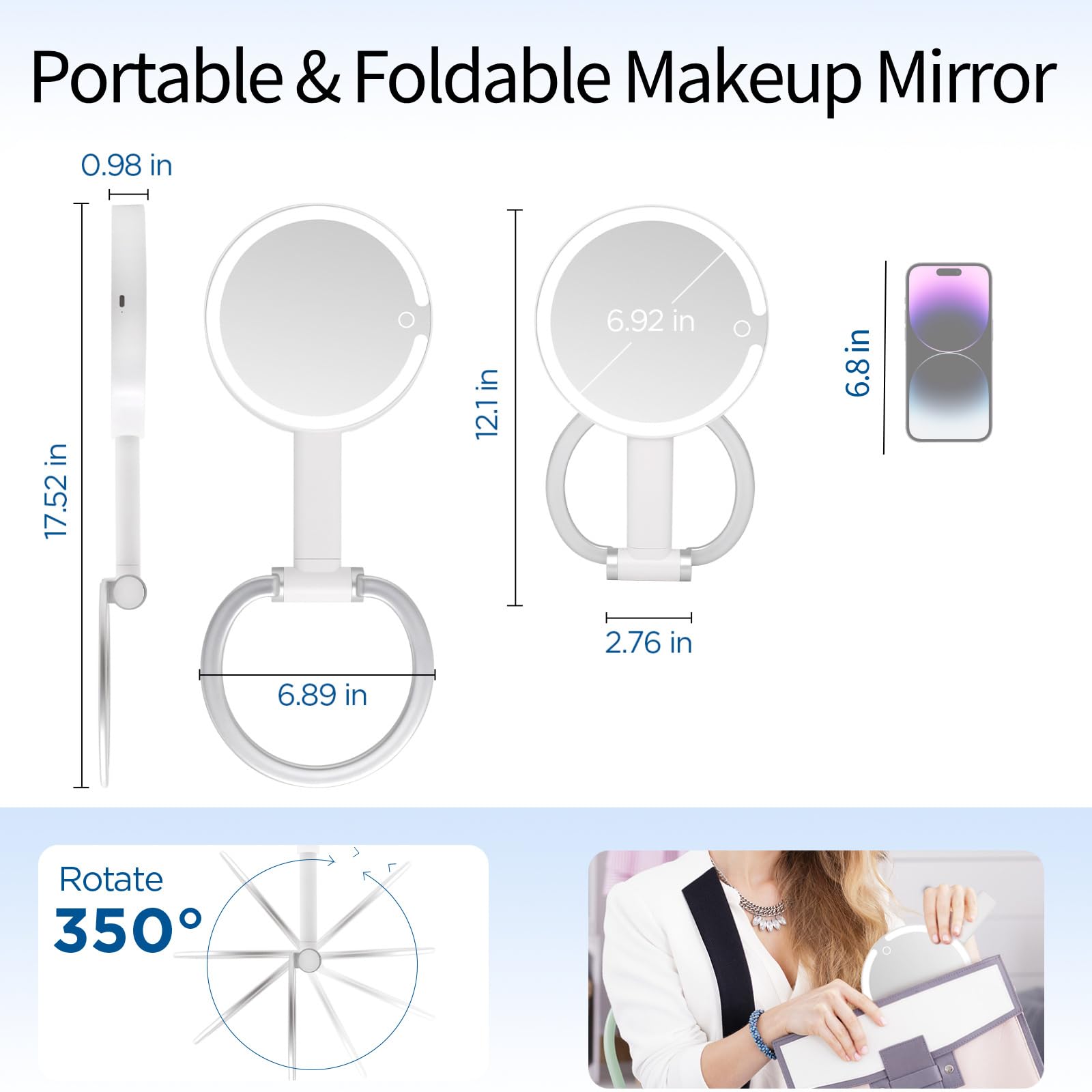 Magnifying Mirror with Light, Makeup Mirror with Lights and Adjustable Brightness, Hanging and Handheld Mirror with Handle, Trav