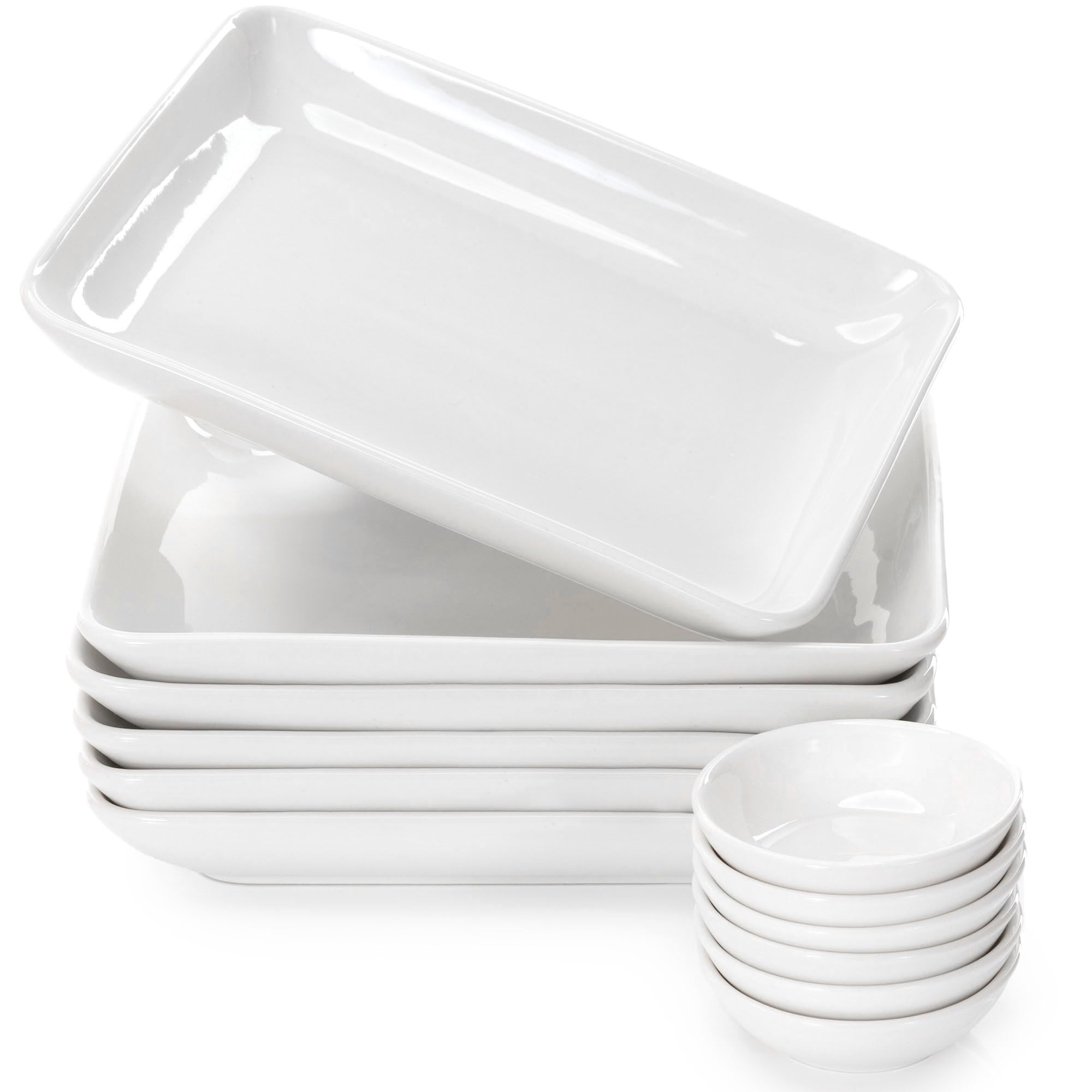 Famhh 8 Inch Appetizer Plates Set With Dipping Cups For Serving, Desserts, Salads - Chip-Resistant, Porcelain, Rectangular Dinne