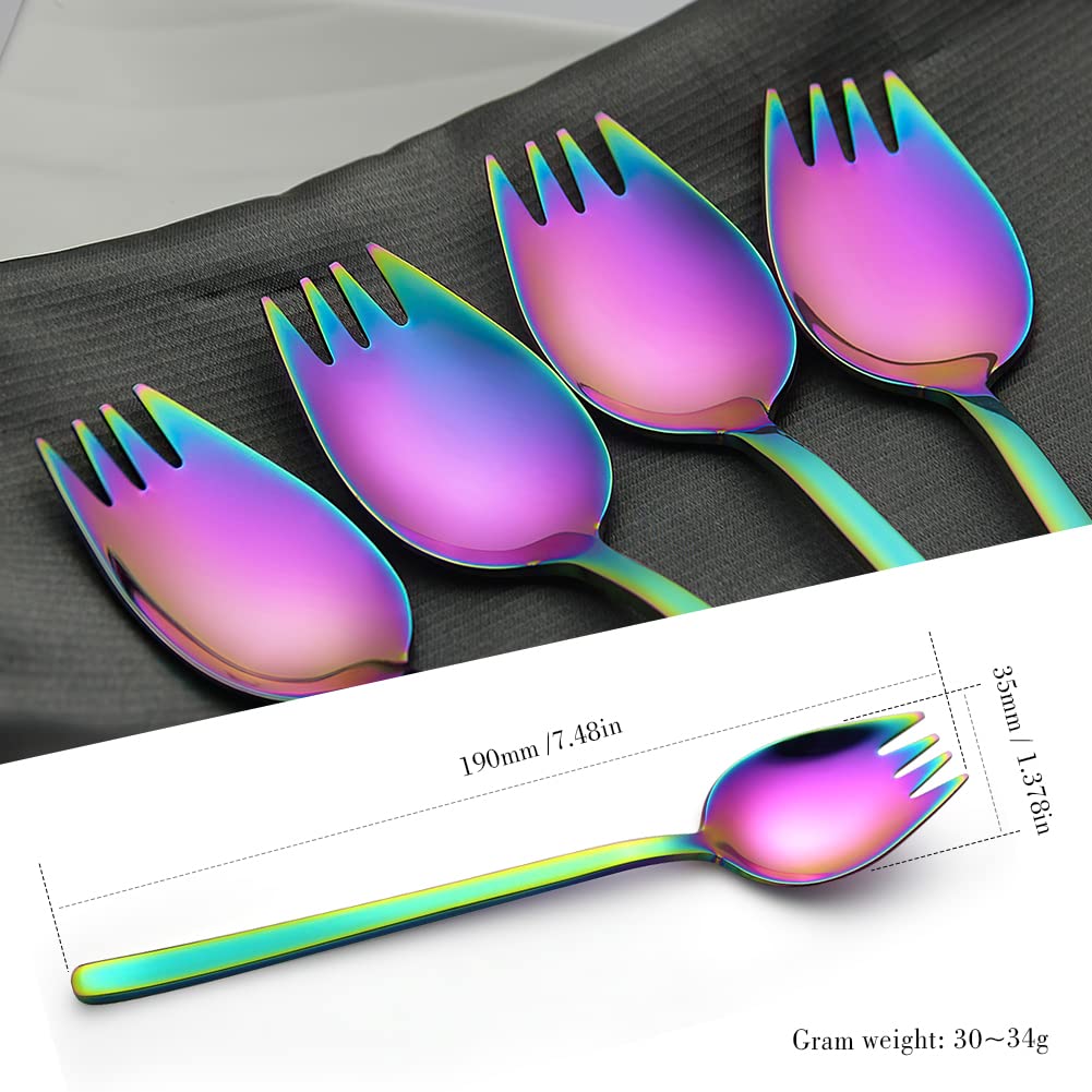 Yfwood Sporks, 4-Pack 18/10 Stainless Steel Sporks 7.4 Inches Long Handle Dessert Spoons Ice Cream Spoons Salad Forks Flatware S