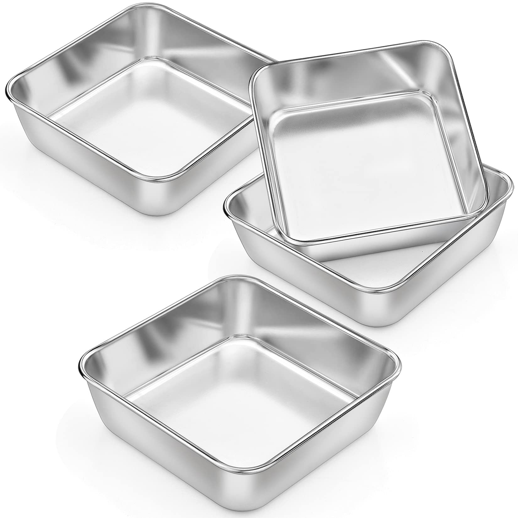 P&P Chef 6 Inch Square Baking Cake Pans (4 Pcs), Small Stainless Steel Lasagna Brownie Pan For Birthday Cake Bread Pie, Non-Toxi