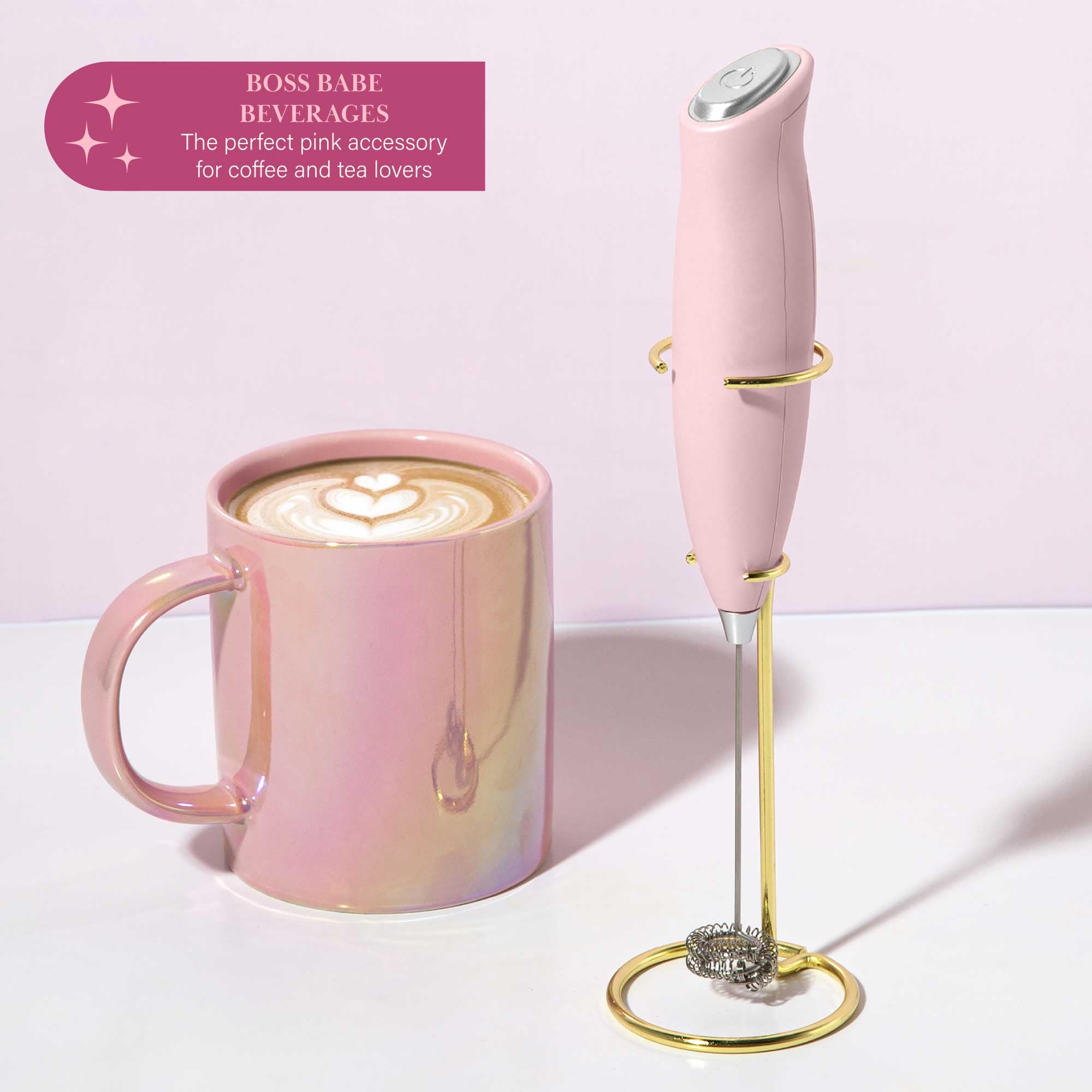 Paris Hilton Electric Handheld Milk Frother With Double Coil Head Whisk And Gold Metal Stand, Battery Powered (2 Aa Batteries Re