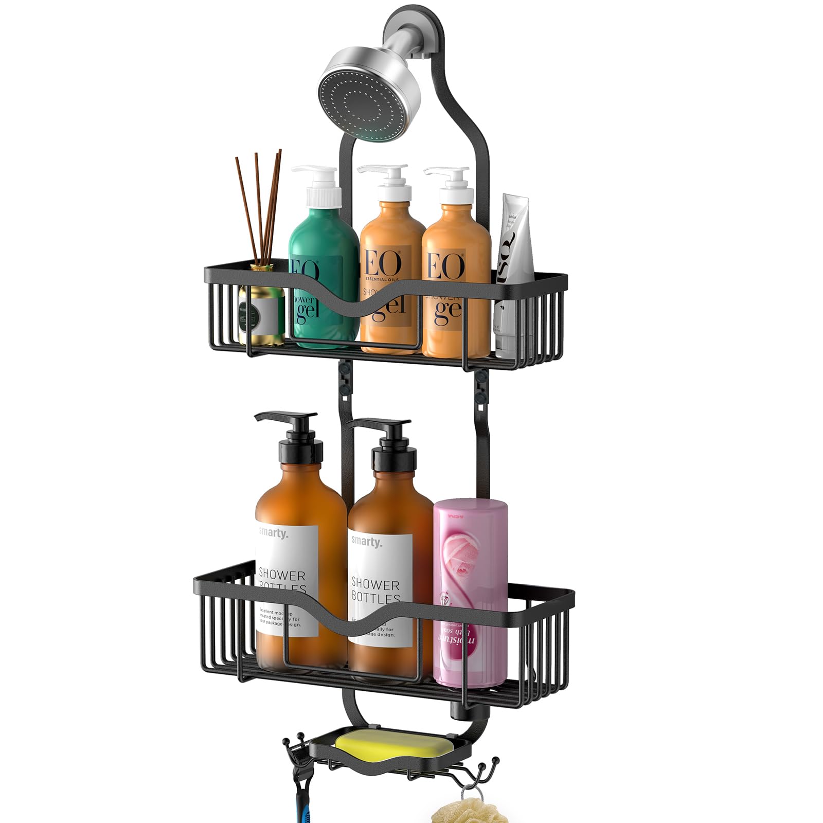 Kadolina Hanging Shower Caddy, Over Head Shower Caddy Shower Organizer Rack Basket With Soap Dish, Hooks For Razor And Sponge (M