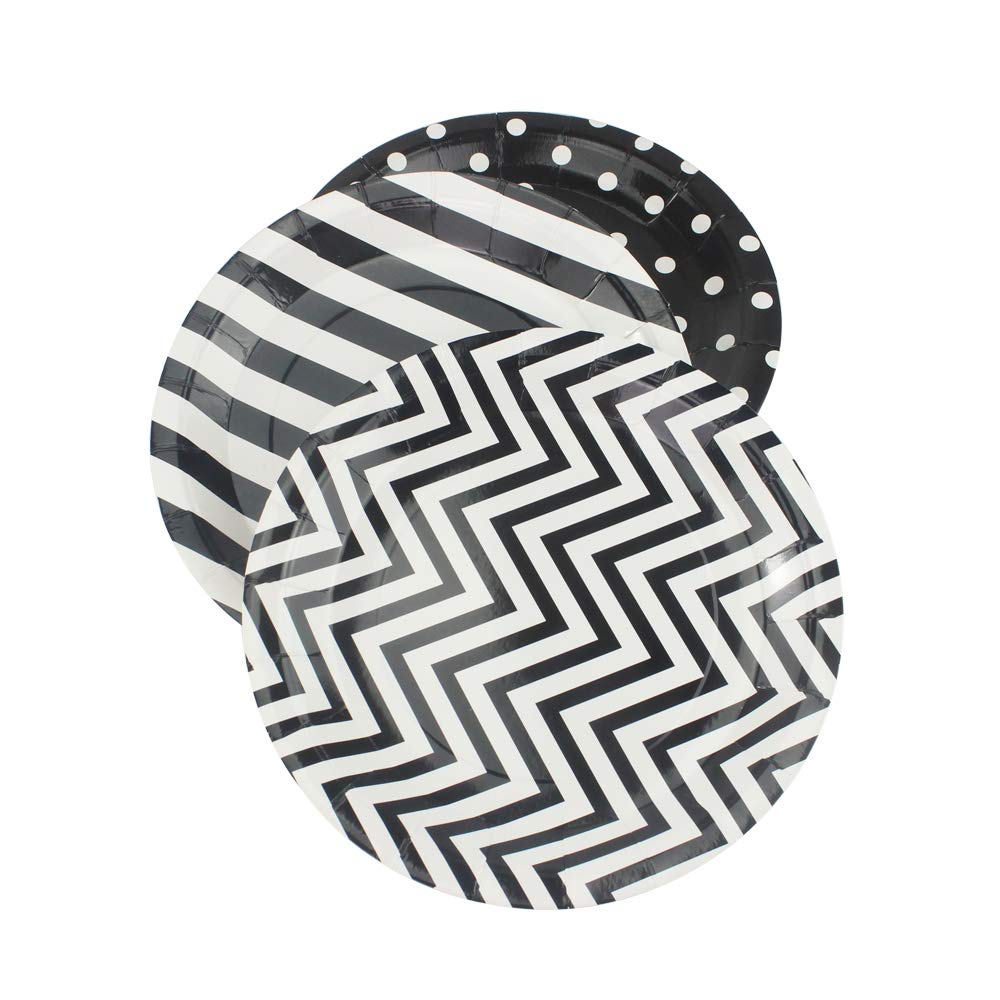 Dulousia Black Striped Polka Dot Chevron Paper Plates 36Pcs - 9Inch Round Party Plates For Dessert, Cakes, Fruits