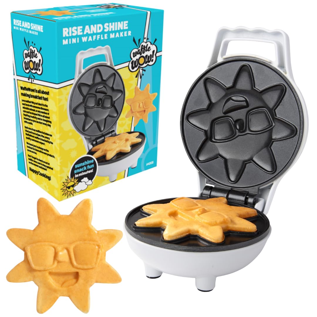 Rise & Shine Mini Sun Waffle Maker - Personal-Sized 4'' Sunshine Smile Individual Waffles For Kids, Adults- Cute Non-Stick Elect