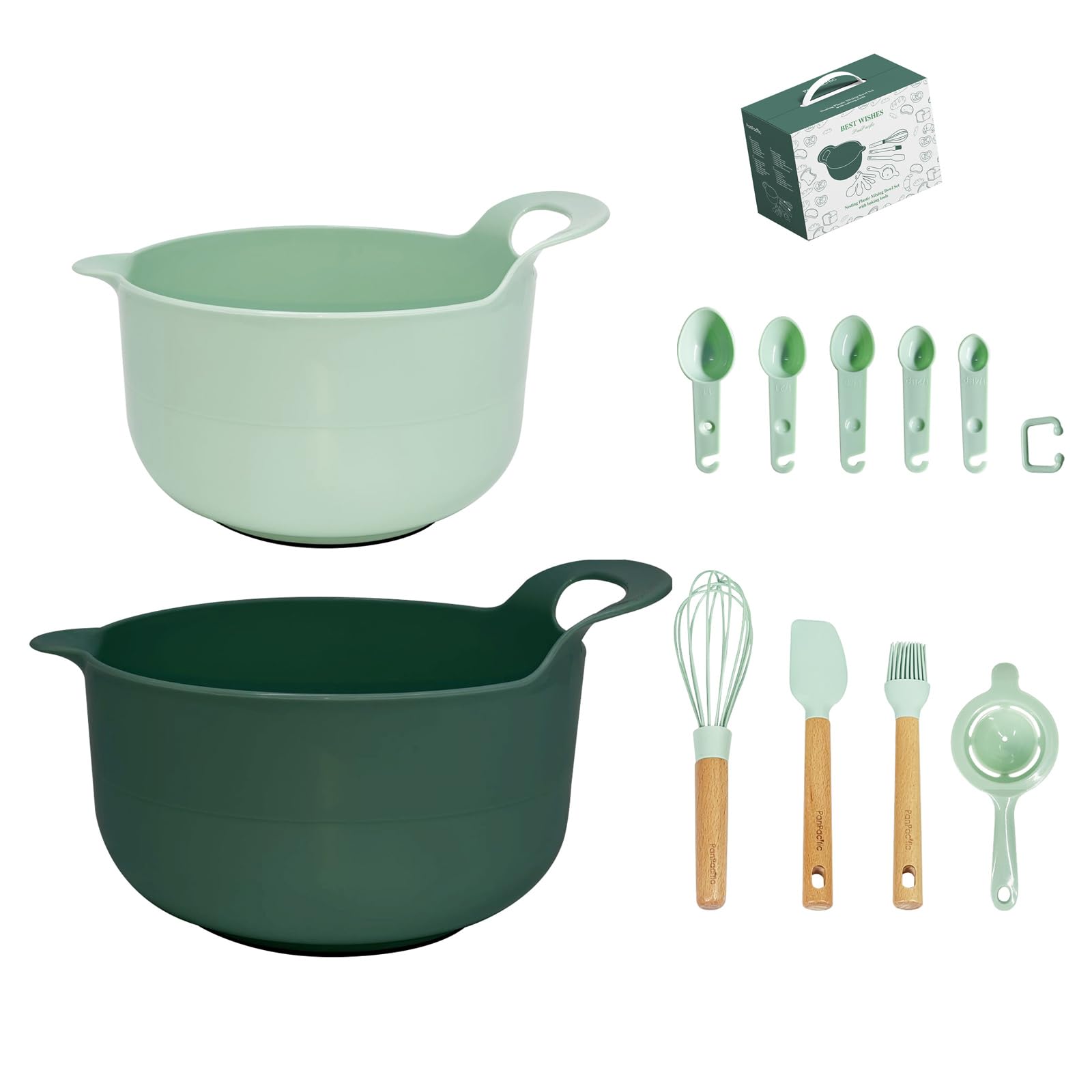 Plasic Mixing Bowls Set With Baking Supplies, Green Nesting Bowls With Pour Spout/Handle, Non-Slip Base, Measuring Spoons Set, E