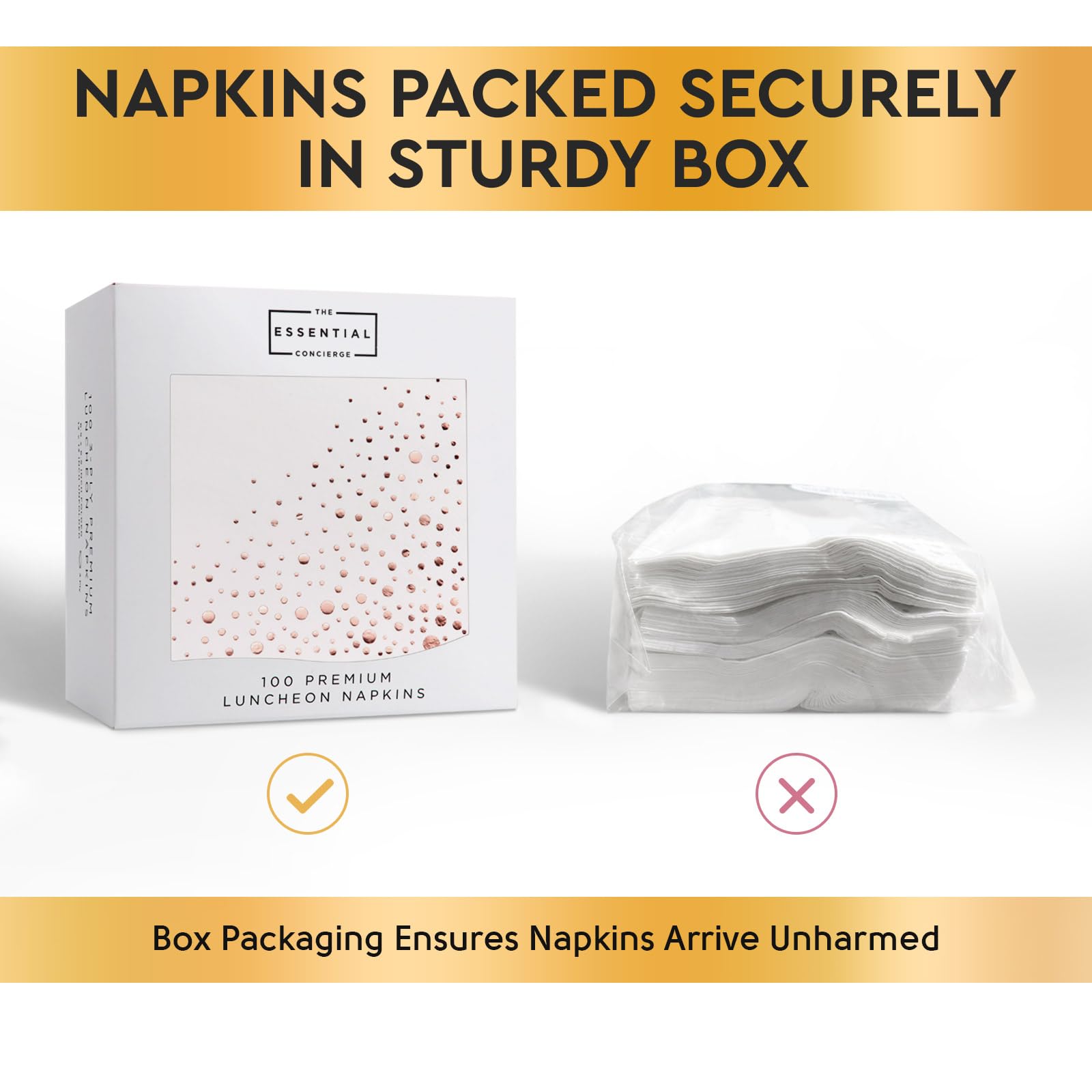 Stylish Rose Gold Napkins, 100 Pack Of Disposable Rose Gold Napkins For Party, 6.5 X 6.5 Inch White And Rose Gold Luncheon Napki