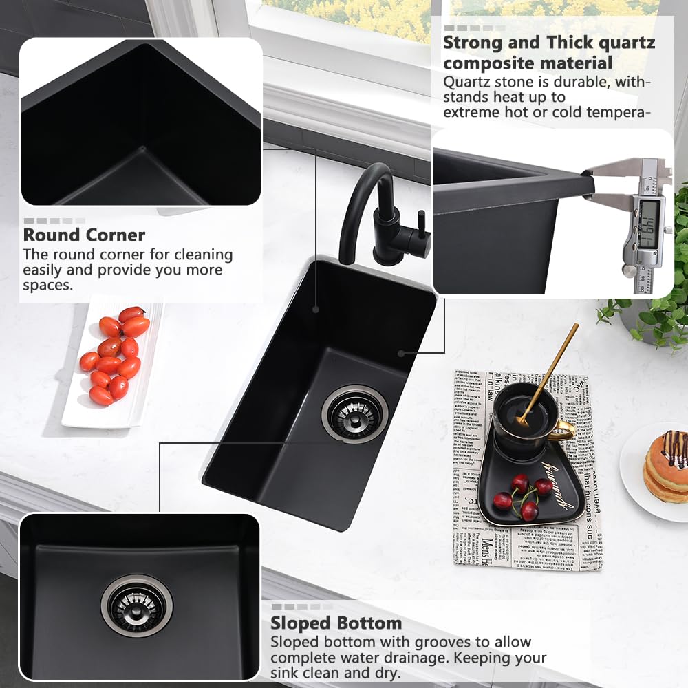 10 Inch Black Bar Sink Undermount-Vasoyo 10X18 Undermount Bar Sink Black Quartz Sink Bar Prep Rv Kitchen Sink Small Single Bowl