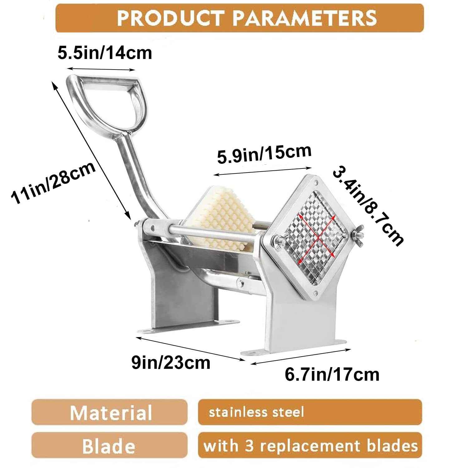 Uyoyous French Fry Cutter Stainless Steel Potato Cutter Commercial Vegetable Fruit Chopper With 1/2'', 3/8'', 1/4'' Blades Potat