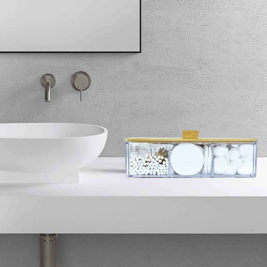 Acrylic Qtip Holder Dispenser With Wood Lid, 3 Compartment Cotton Ball Holder, Bathroom Organizer For Q Tip, Cotton Swab And Cot