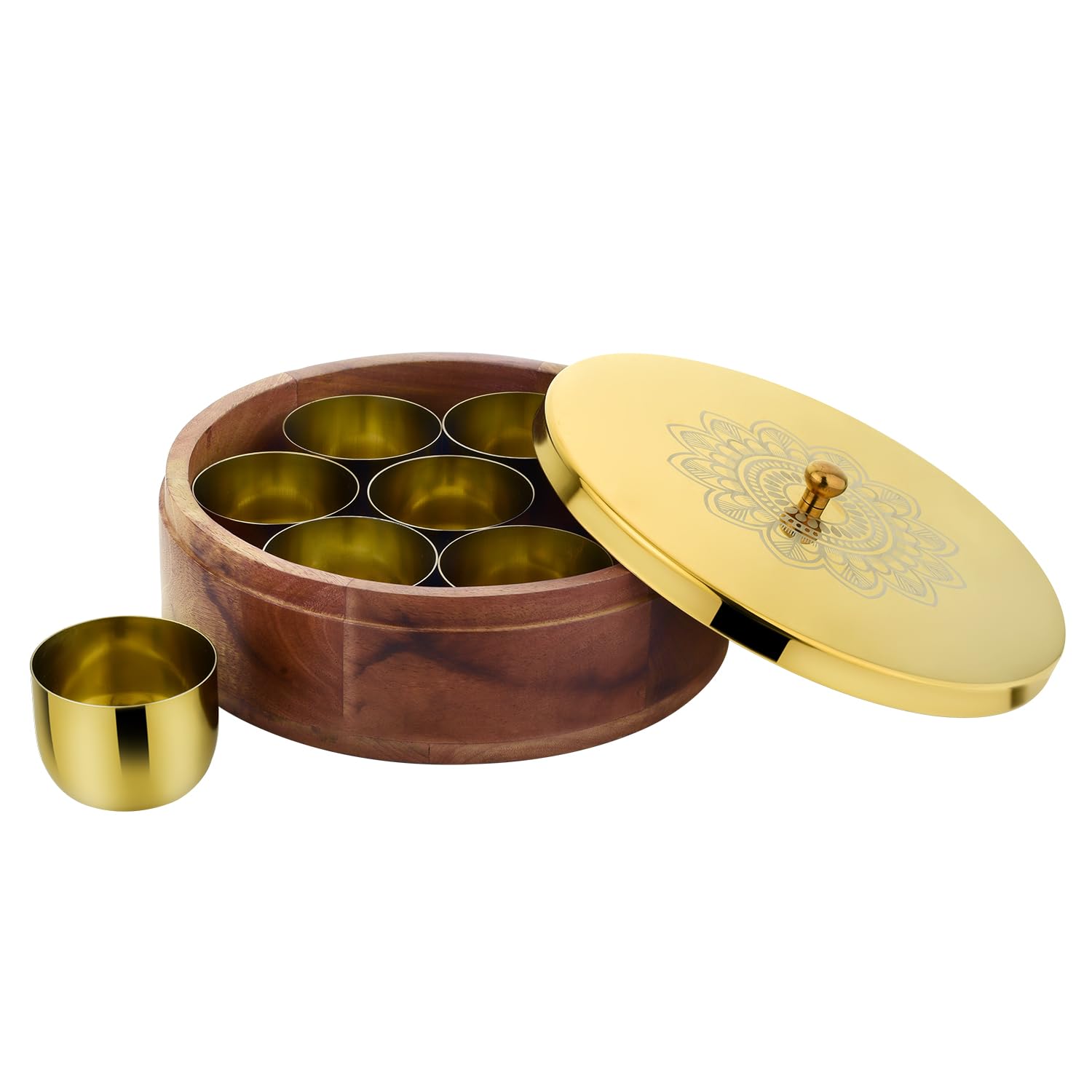Kanak Masala Box/Spice Box/Storage/Organiser For Kitchen (Dia9 Inch) (Gold). | Or | SteelFresh Stainless Steel Air Tight And 