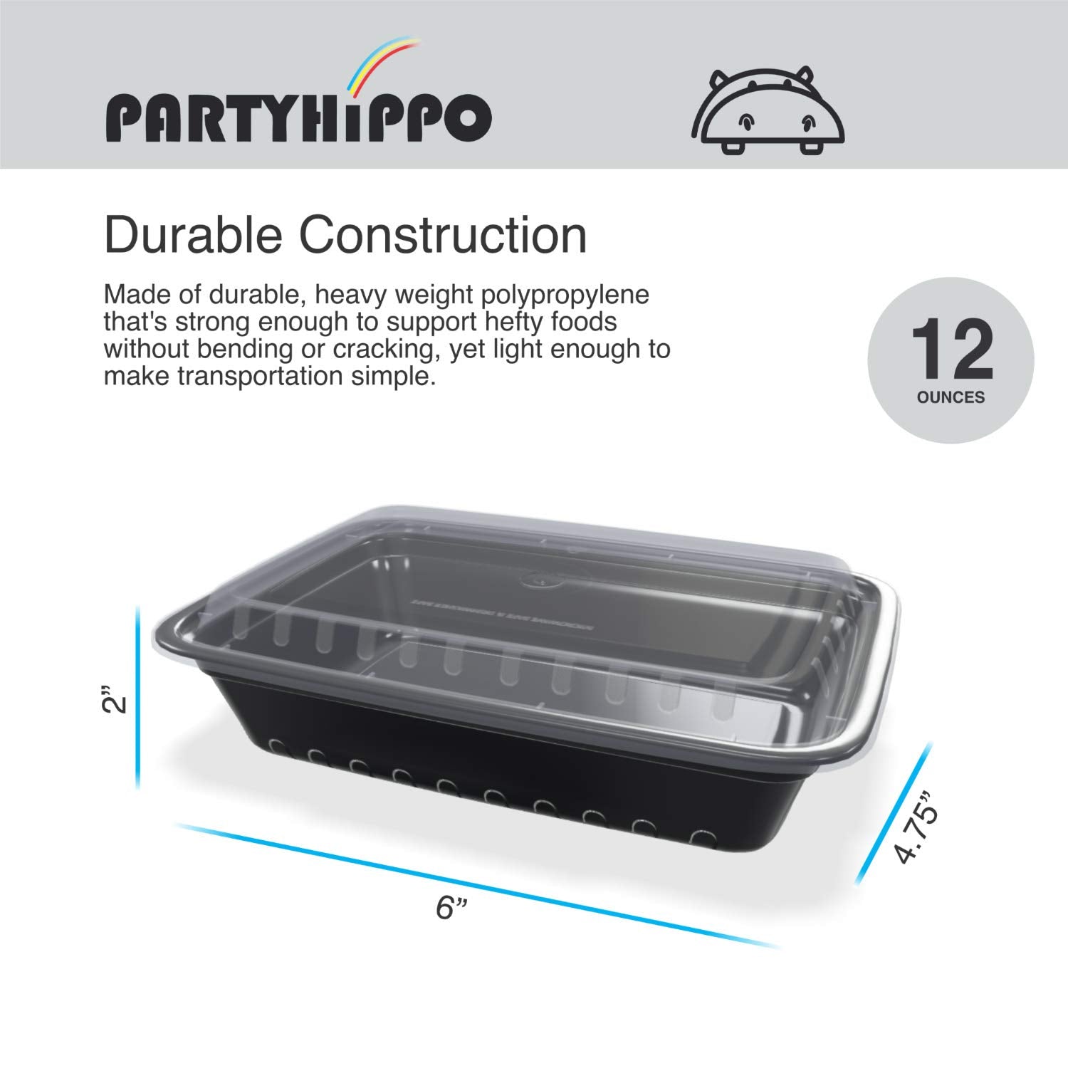 Partyhippo Small Meal Prep Containers Single Lids, 12 Oz 12-Pack, Food Storage Bento Bpa Free | Stackable | Reusable Lunch Boxes