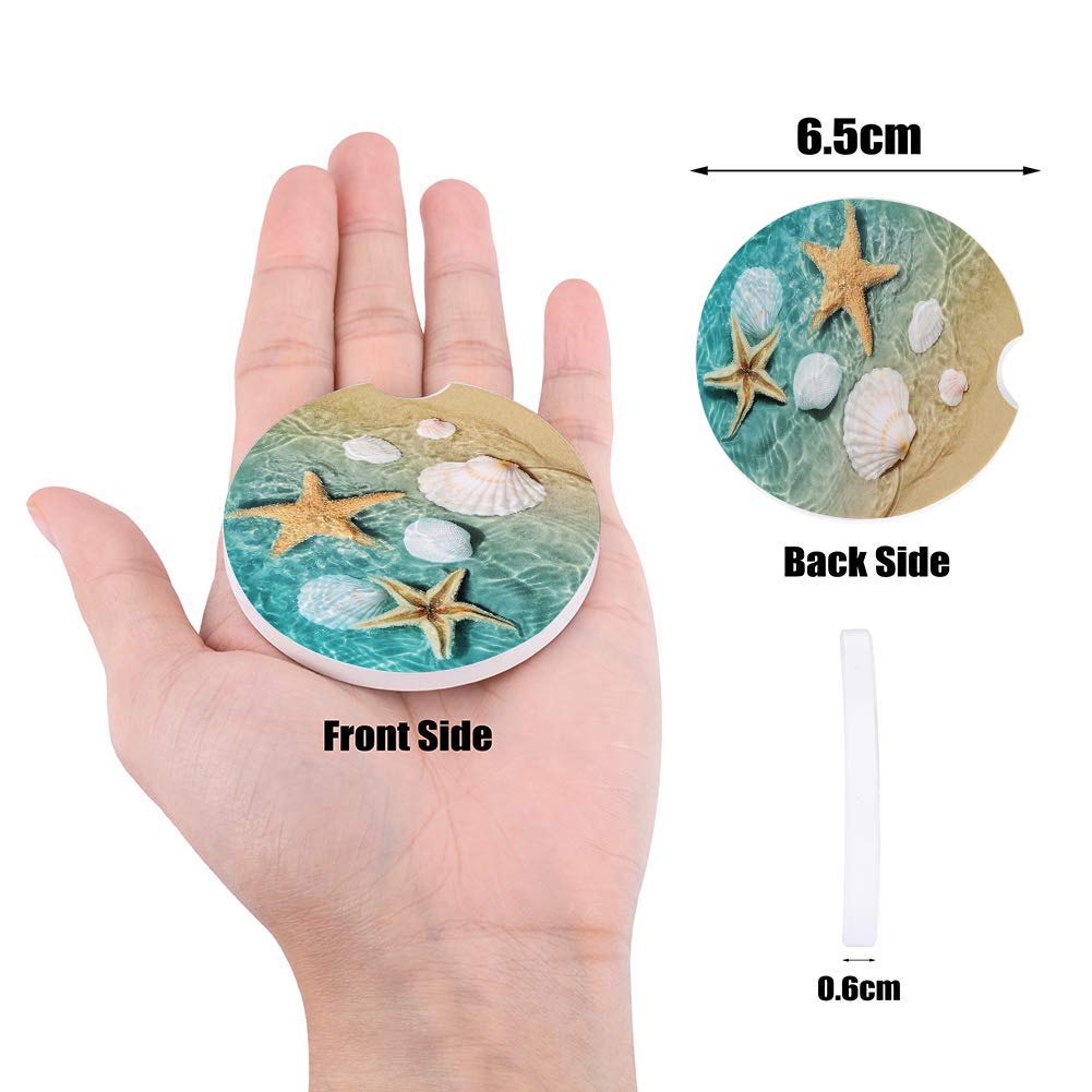 Absorbent Car Coasters For Cup Holders Fresh Beach Sand Starfish Shell, Small 2.56Inch Ceramic Stone Drink Coaster For Women Men