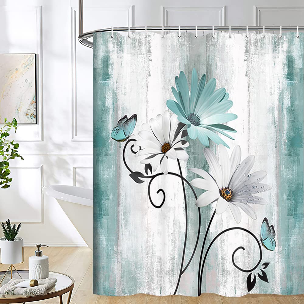 VeiVian Rustic Farmhouse Shower Curtain  Farm Teal Daisy Floral Flowers and Butterfly on Country Wooden Shower Curtain for Bathroom  Turquoise Blue Bathroom Shower Curtains with 12PCS Hooks  70X75IN