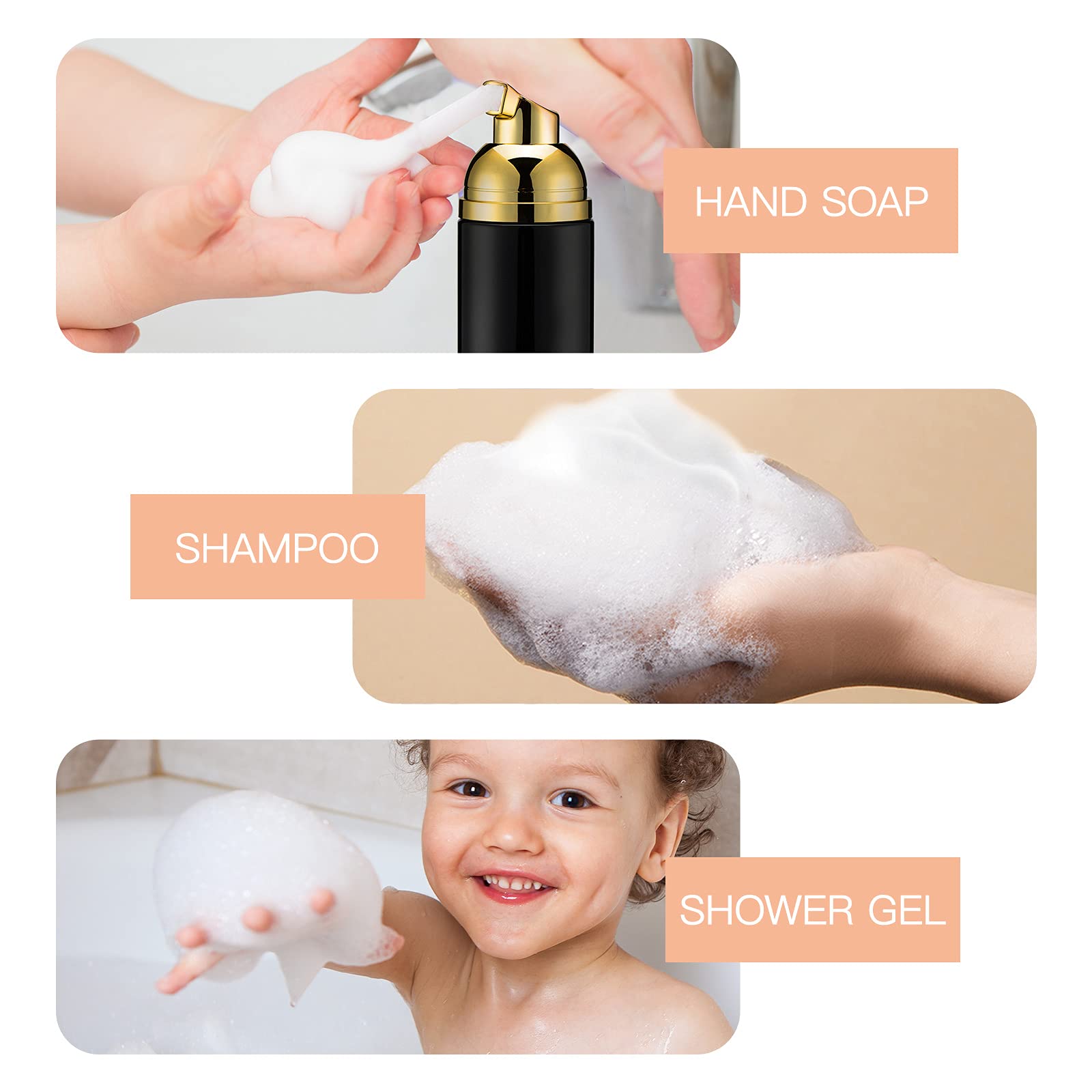 2Oz Foam Pump Bottle (3Pcs) Empty Travel Foaming Dispenser For Hand Soap, Lash Cleanser, Shampoo (60Ml, Gold &Black