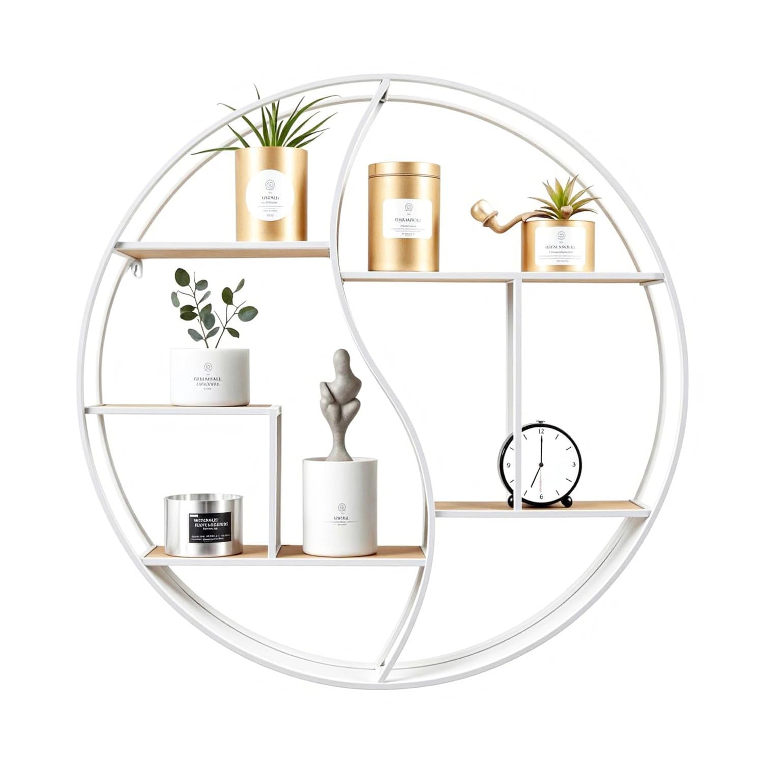 GLCS GLAUCUS Round Wall Shelf,24 inch Metal Circle Wood Floating Shelves,Rustic White Wall Mounted Display Organizer Shelf for F
