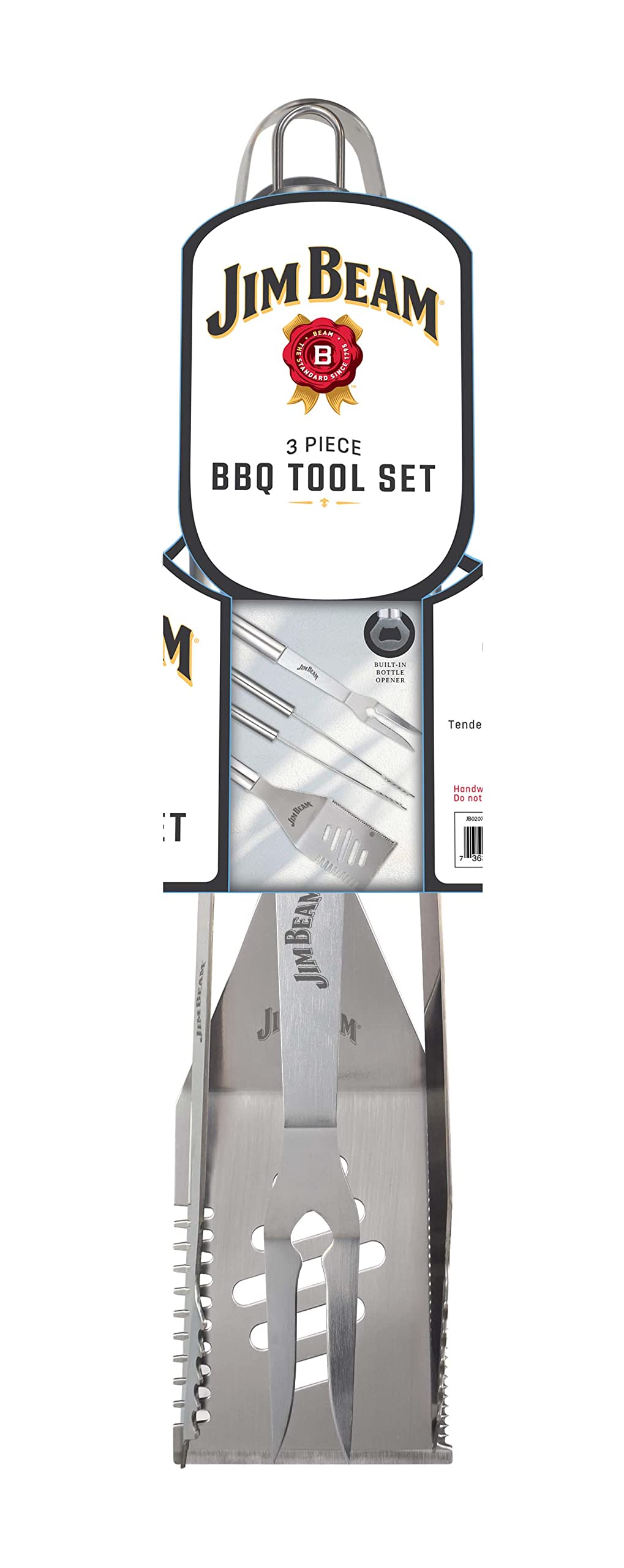 Jim Beam 3 Pack 3 Piece Stainless Steel Tool Set, Accessories, Outdoor Cooking, Camping And Bbq-Grilling Fork, Pair Of Tongs And