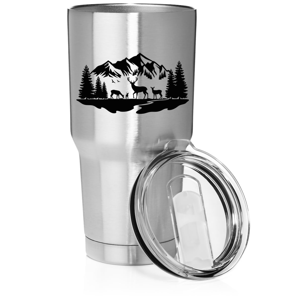 Smooth Body Tumbler Stainless Steel Vacuum Insulated Travel Mug Cup Gift Deer Mountain Forest River Scene (30 oz, Stainless Stee