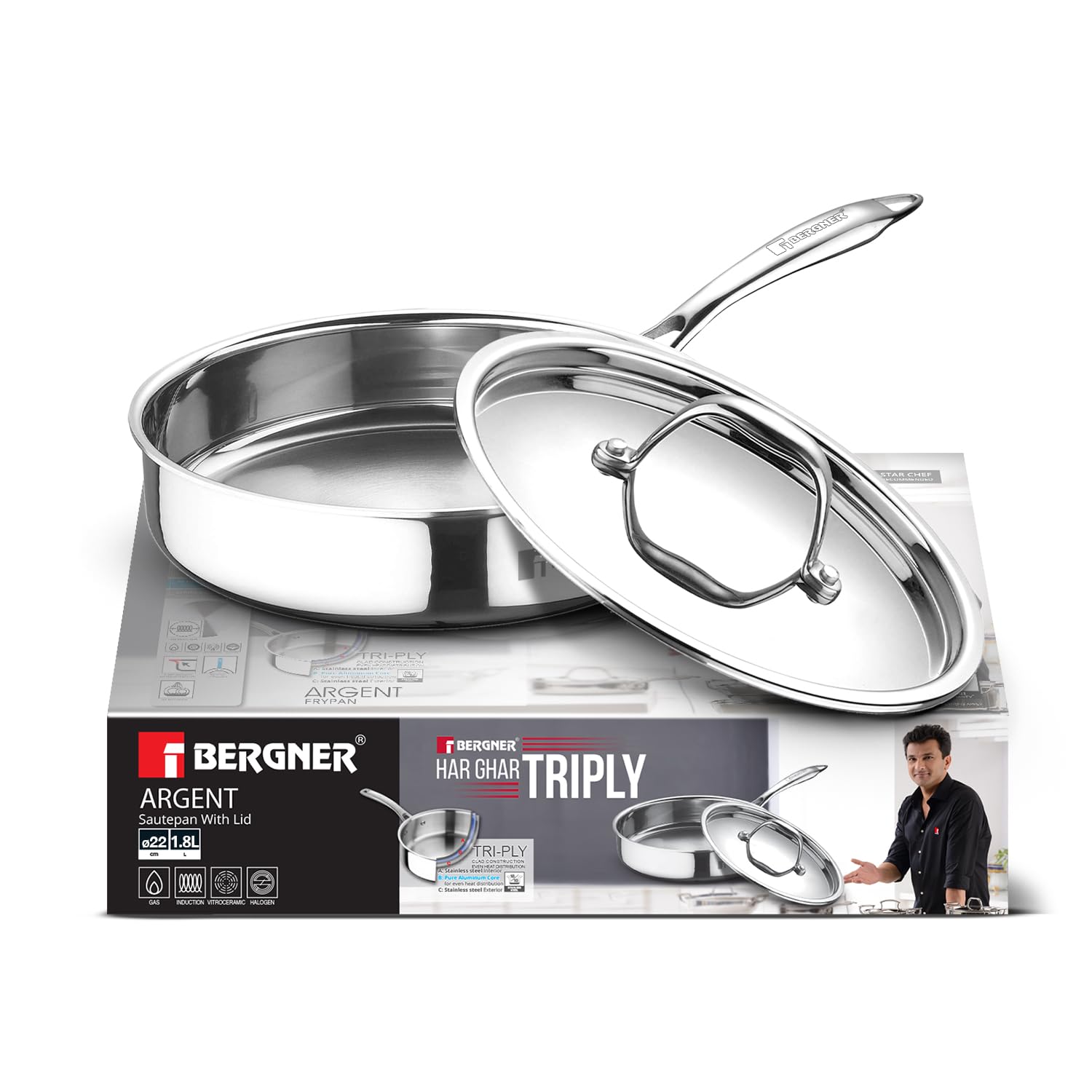 Bergner Argent Triply Stainless Steel 22Cm (1.8 L) Sautepan With Stainless Steel Lid, Sturdy Stay Cool Cast Handle, Healthy Cook