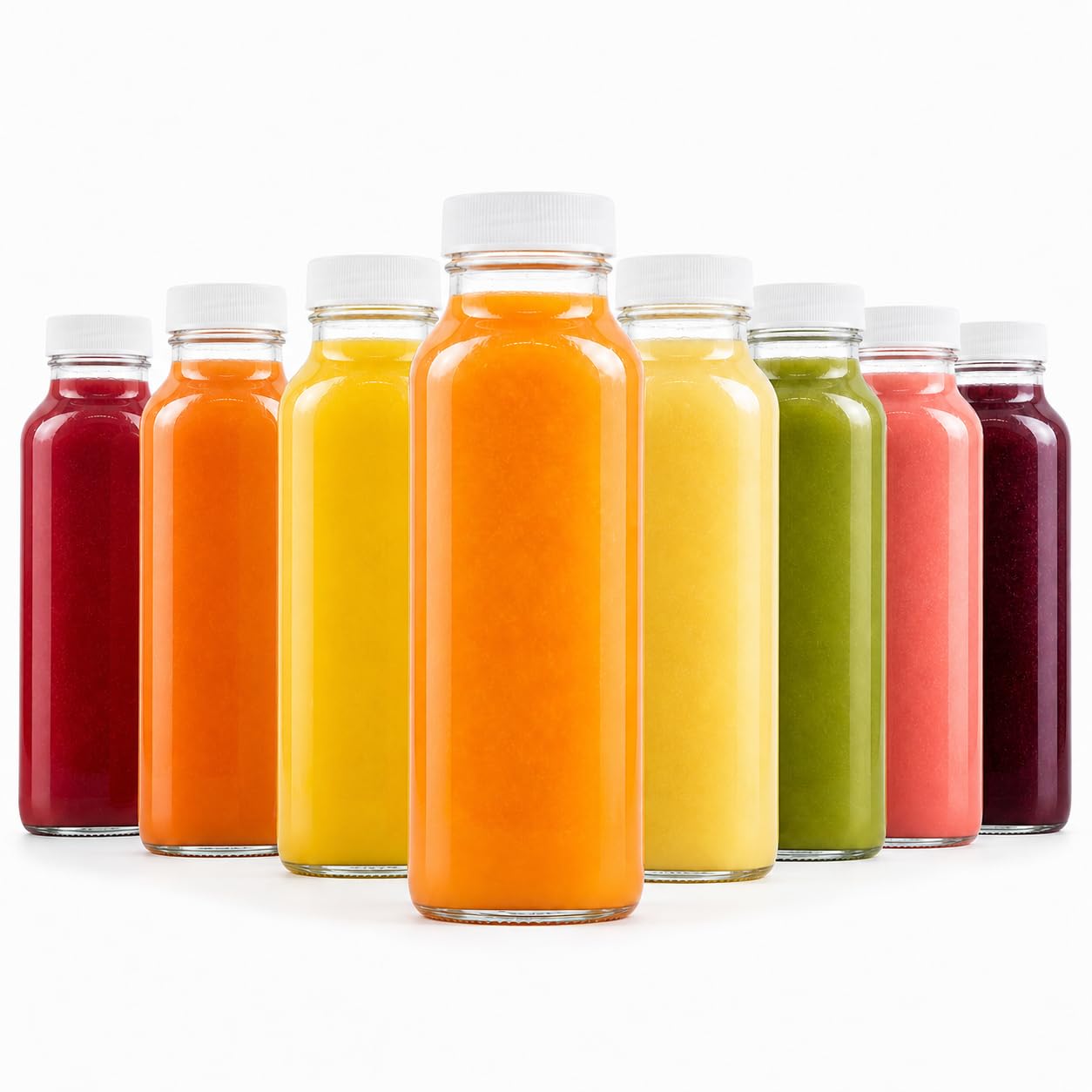 kitchentoolz 8oz Square Glass Juice Shot Bottle with Lid - 8 Pack 8 oz Milk Glass Bottles with Lids for Lunch Box, Airtight Reus
