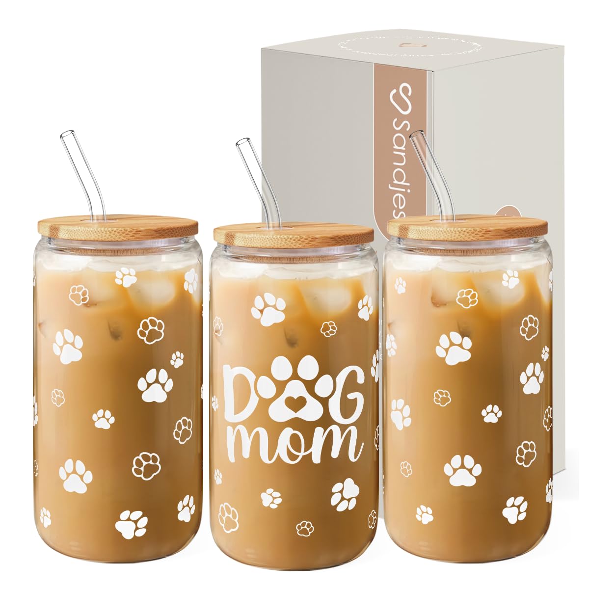 Dog Mom Cup 16 Oz Can Glass Coffee Mug with Bamboo Lid & Straw - Dog Lover Gifts for Women - Dog Mom Gift for Birthday Mothers D