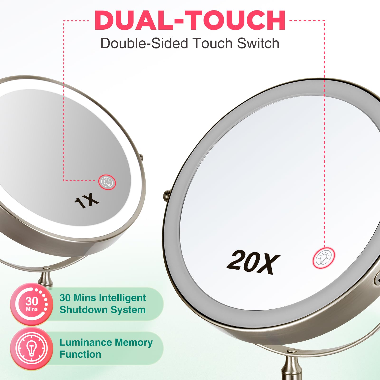 Vorremirr 20X Magnifying Mirror With Light: 8.5 Inch Lighted Makeup Mirror With 3 Colors, 360 Rotation Touch Screen Rechargeable