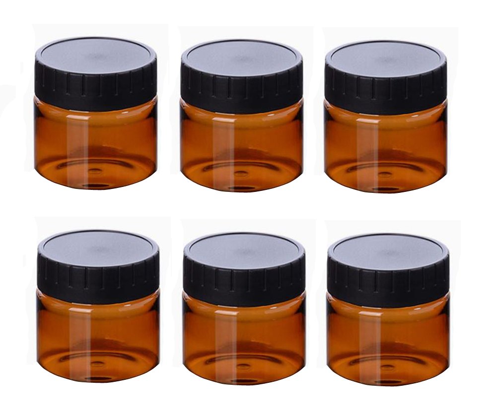 6Pcs Plastic Amber Makeup Round Jars Pot With White Inner Liners And Black Lids Cosmetic Packing Vial Bottles Storage Holder Con