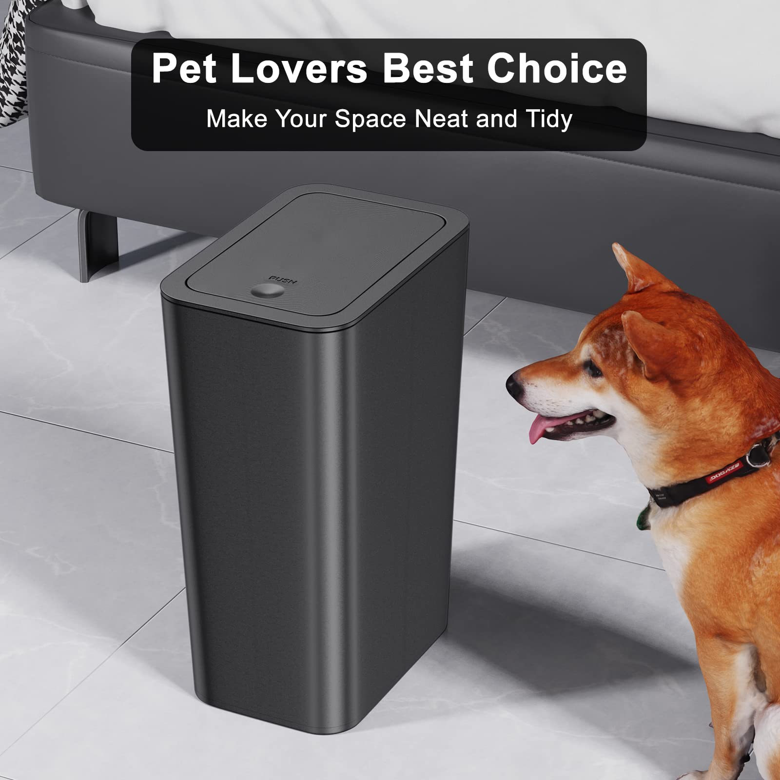 N. Netdot 3 Pack 10 L/2.6 Gal Bathroom Trash Can With Lid, Small Kitchen Trash Can With Press Type Lid, Black Trash Can/Slim Gar