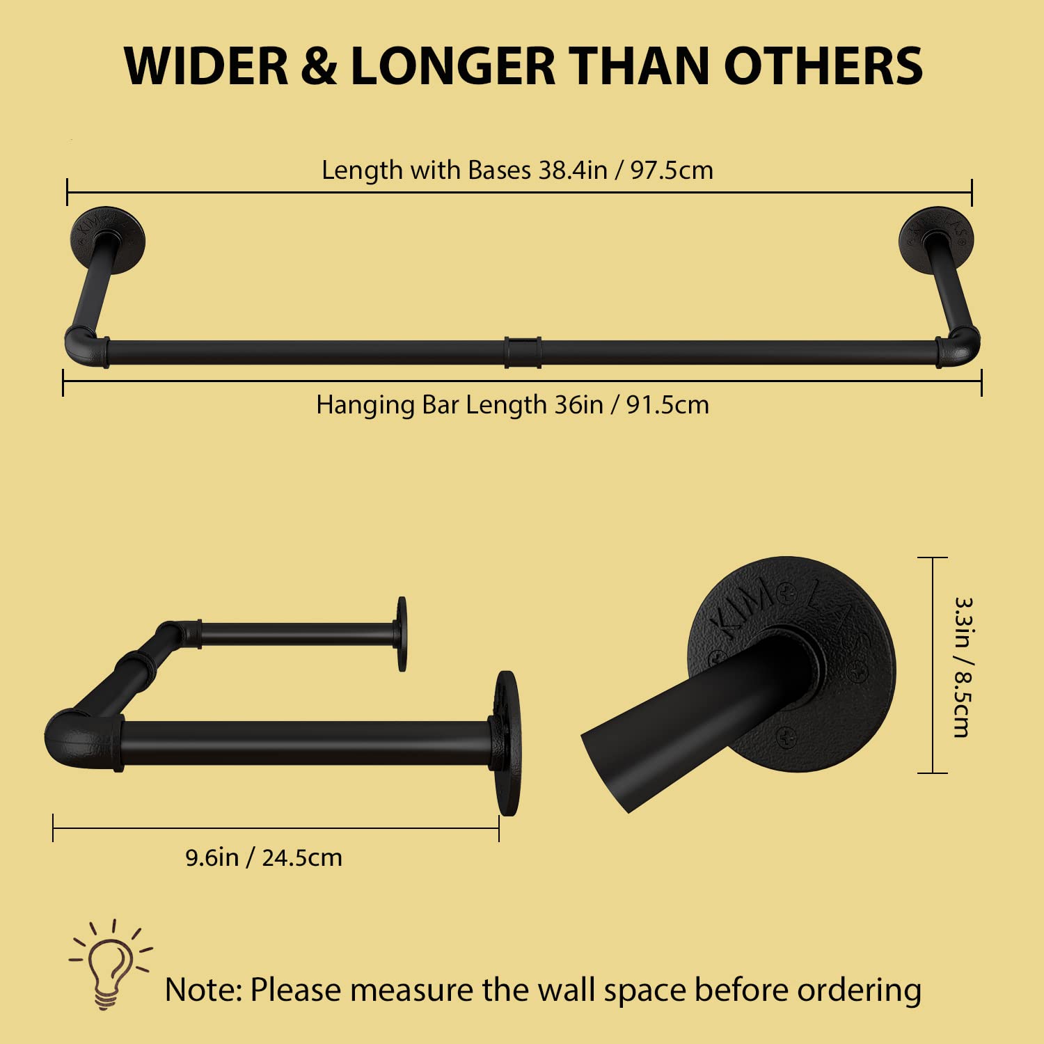 UlSpeed Clothes rack  38.4in Wall Mounted Industrial Pipe Clothing Rack  Garment Rack Space Saver Hanging  Heavy Duty Detachable Racks  Multi-Purpose Hanging Rack for Closet  1 Pack