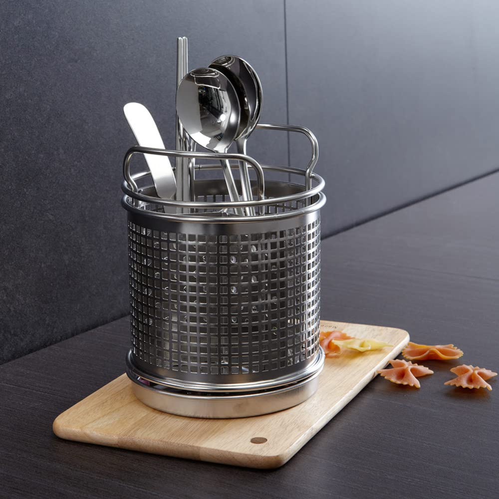 Lenith Stainless Steel Kitchen Round Utensil Holder - Weighted Base For Stability - Utensil Crock With Removable Divider For Eas