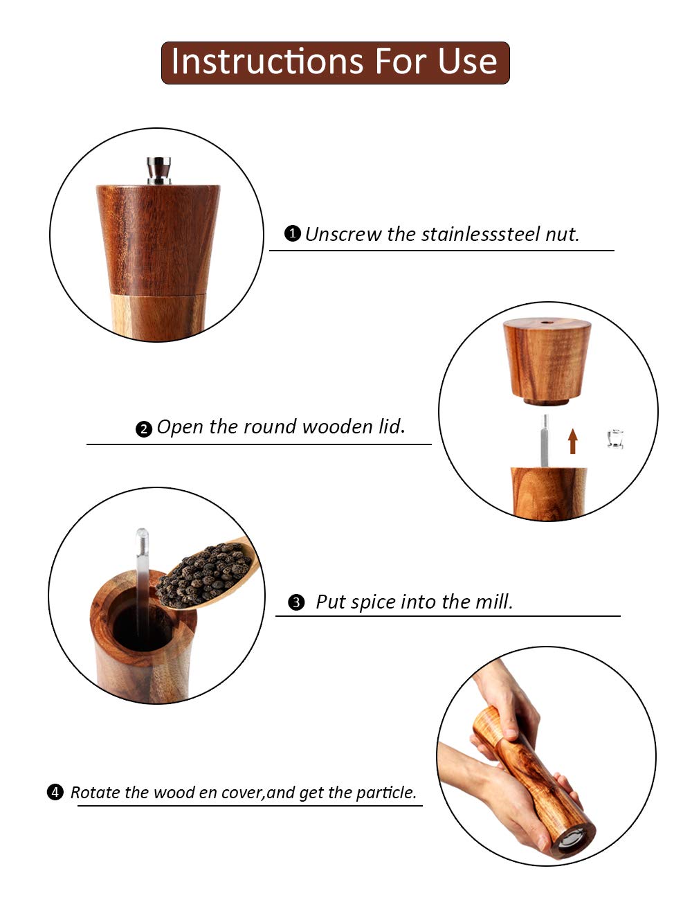 Ouktor Wooden Salt and Pepper Grinders Set, 8" Acacia Mills with Adjustable Coarseness, Ceramic Rotor, Wood Color
