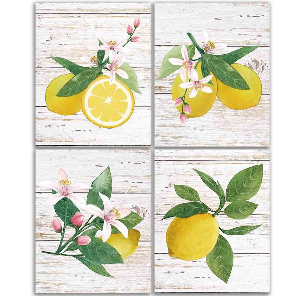 Faljiok Inspirational Lemon Wall Decor Art Prints, 4 Pcs 8   X10, Lemon Green Leaf Modern Wood Wall Decor, Green Leaf Sour Lemon