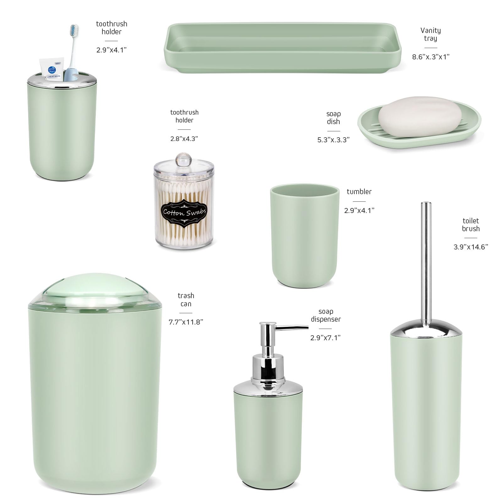 Imavo Bathroom Set - 9 Pcs Green Bathroom Accessories Set With Trash Can,Tray,Soap Dispenser,Soap Dish, Toothbrush Holder,Toothb
