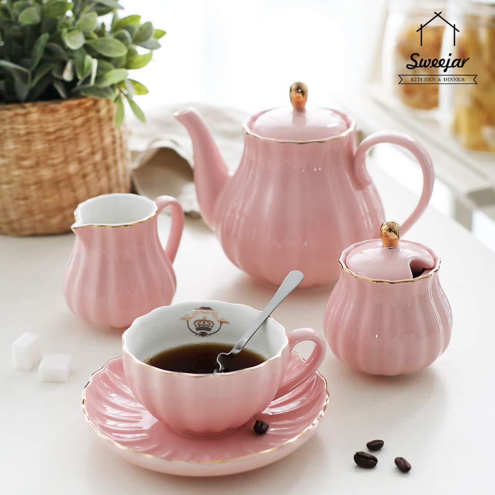 Sweejar Royal Teapot, Ceramic Tea Pot With Removable Stainless Steel Infuser, Blooming & Loose Leaf Teapot - 28 Ounce(Pink)