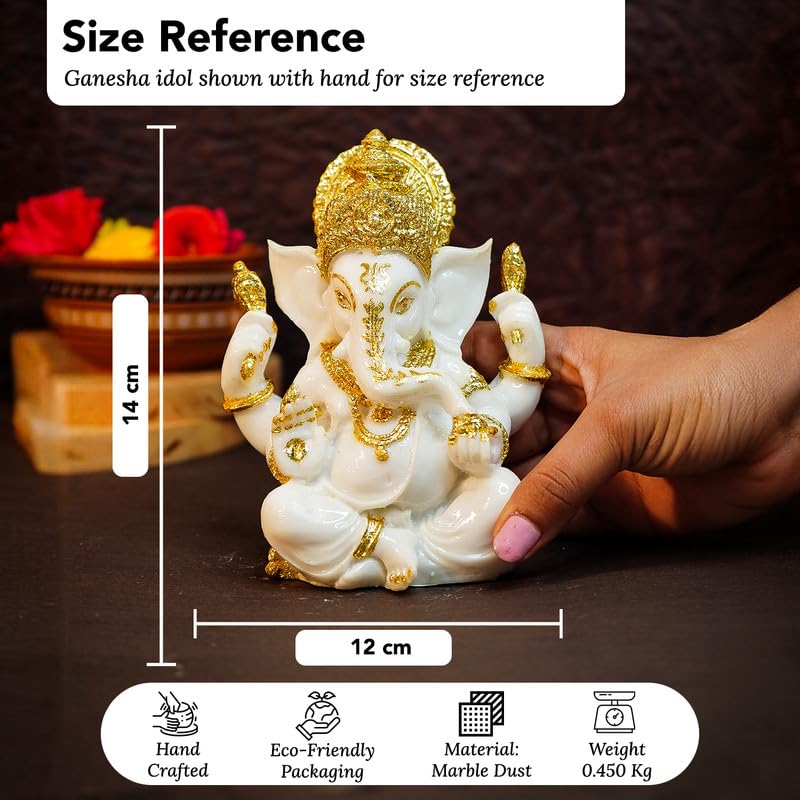 Ekhasa Aura Series Marble Dust Ganesha Idol (5 Inch) | Gold Plated Ganesh Murti For Pooja Room, Home Decor, Office Desk | Resin