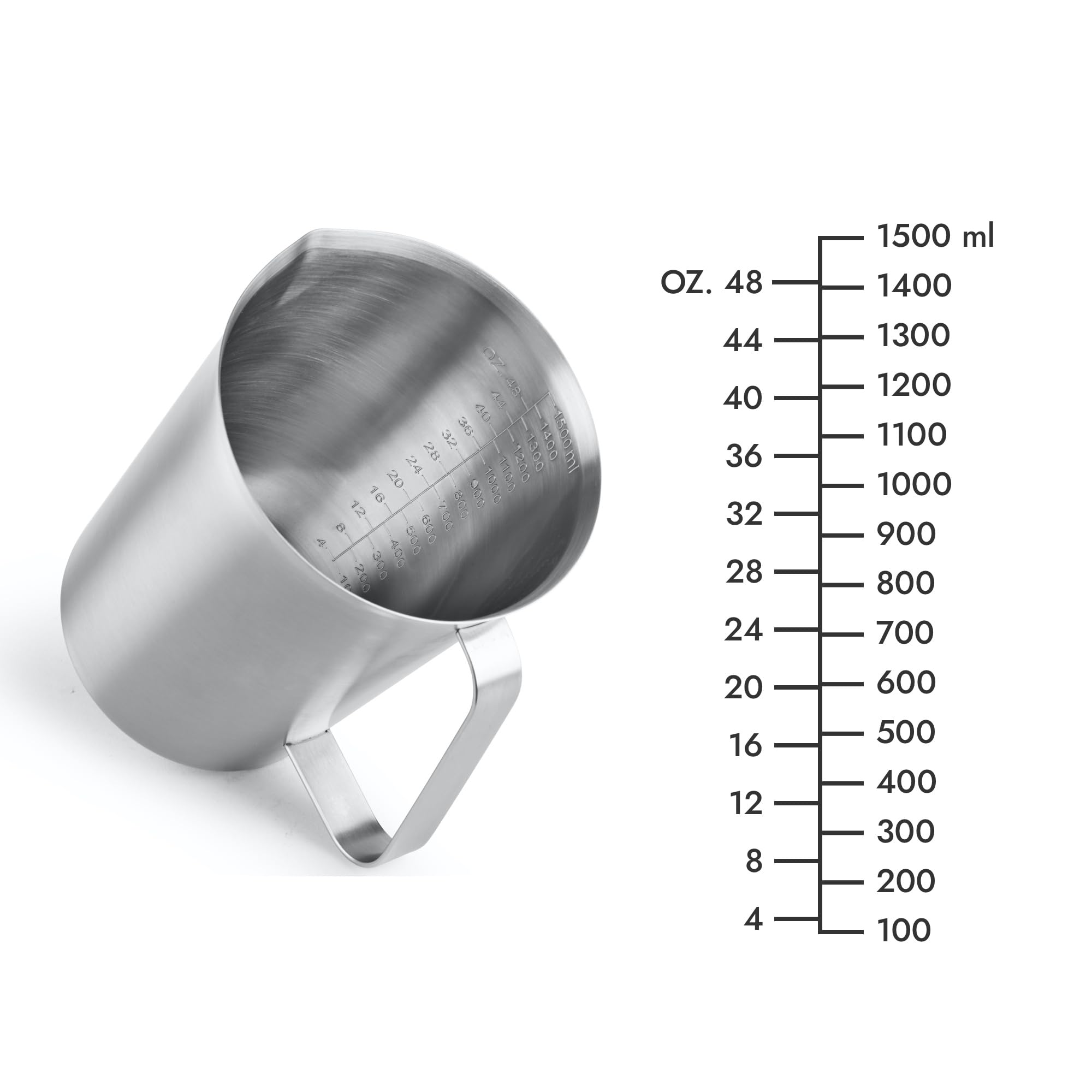 Curta 18/8 Stainless Steel Measuring Cup With Handle And Pour Lip, Metal Pitcher With Oz And Ml Marking, 48Oz/1500 Ml- 6 Cup), H