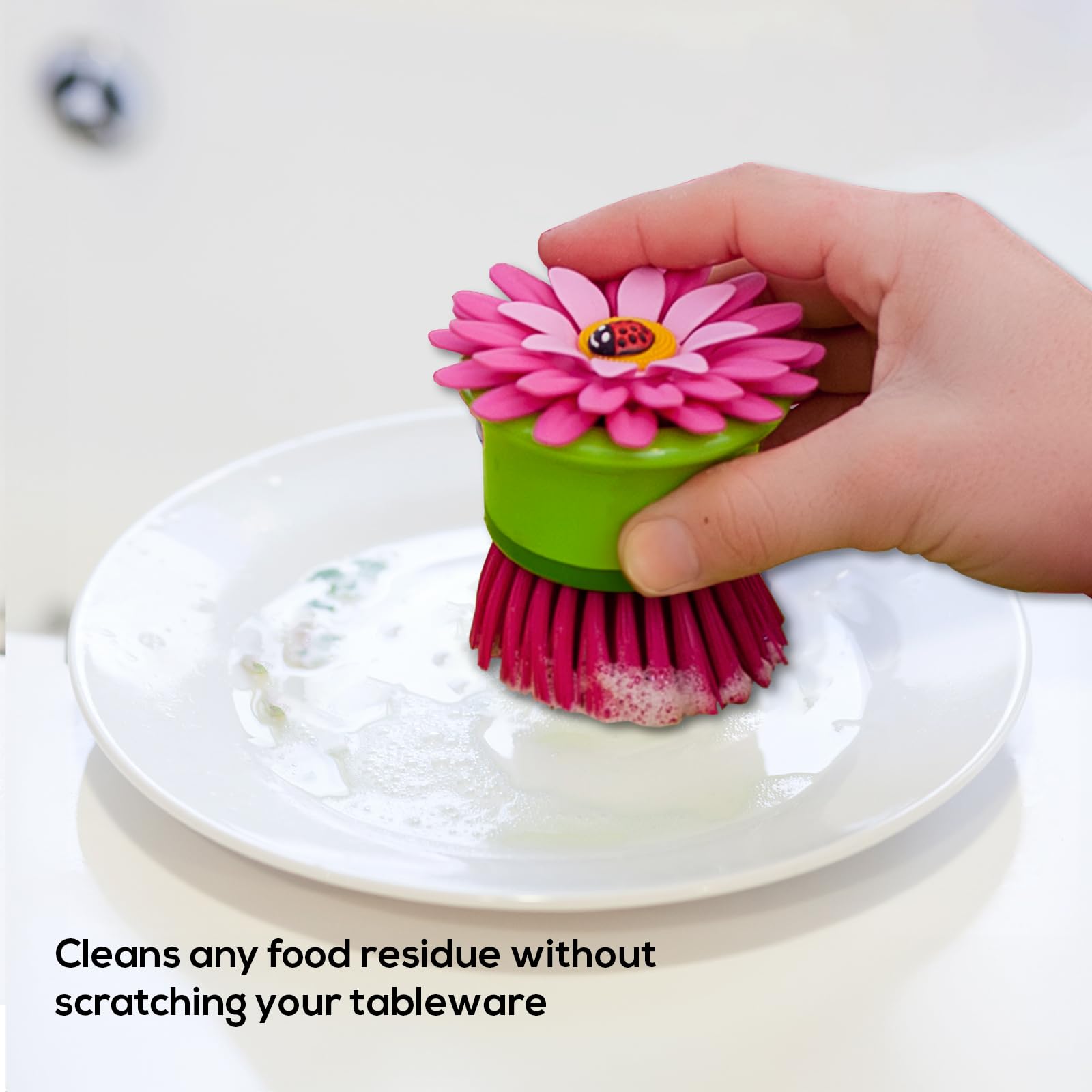 Vigar Flower Power Pink Palm Dish Brush With Holder, 5-3/4-Inches By 3-3/4-Inches, Pink, Green