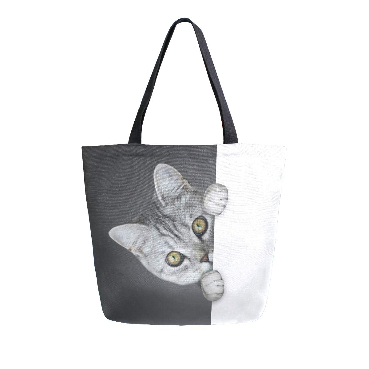 Naanle Funny Cat Canvas Tote Bag Large Women Casual Shoulder Bag Handbag, Black And White Reusable Multipurpose Heavy Duty Shopp