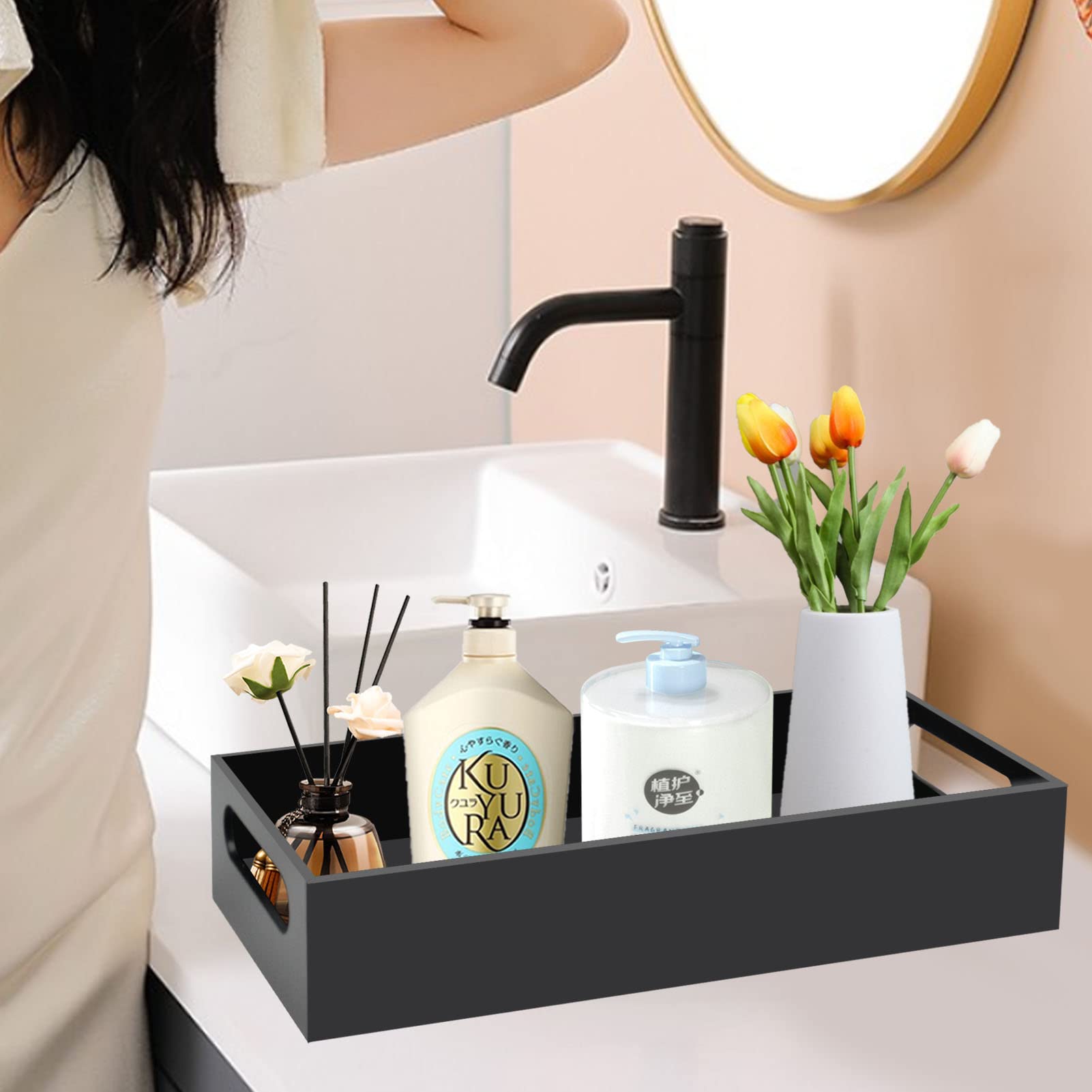 Tasybox Toilet Paper Holder with Storage  Acrylic Toilet Tank Tray  Black Bathroom Trays with Handles Vanity Tray for Home Decor