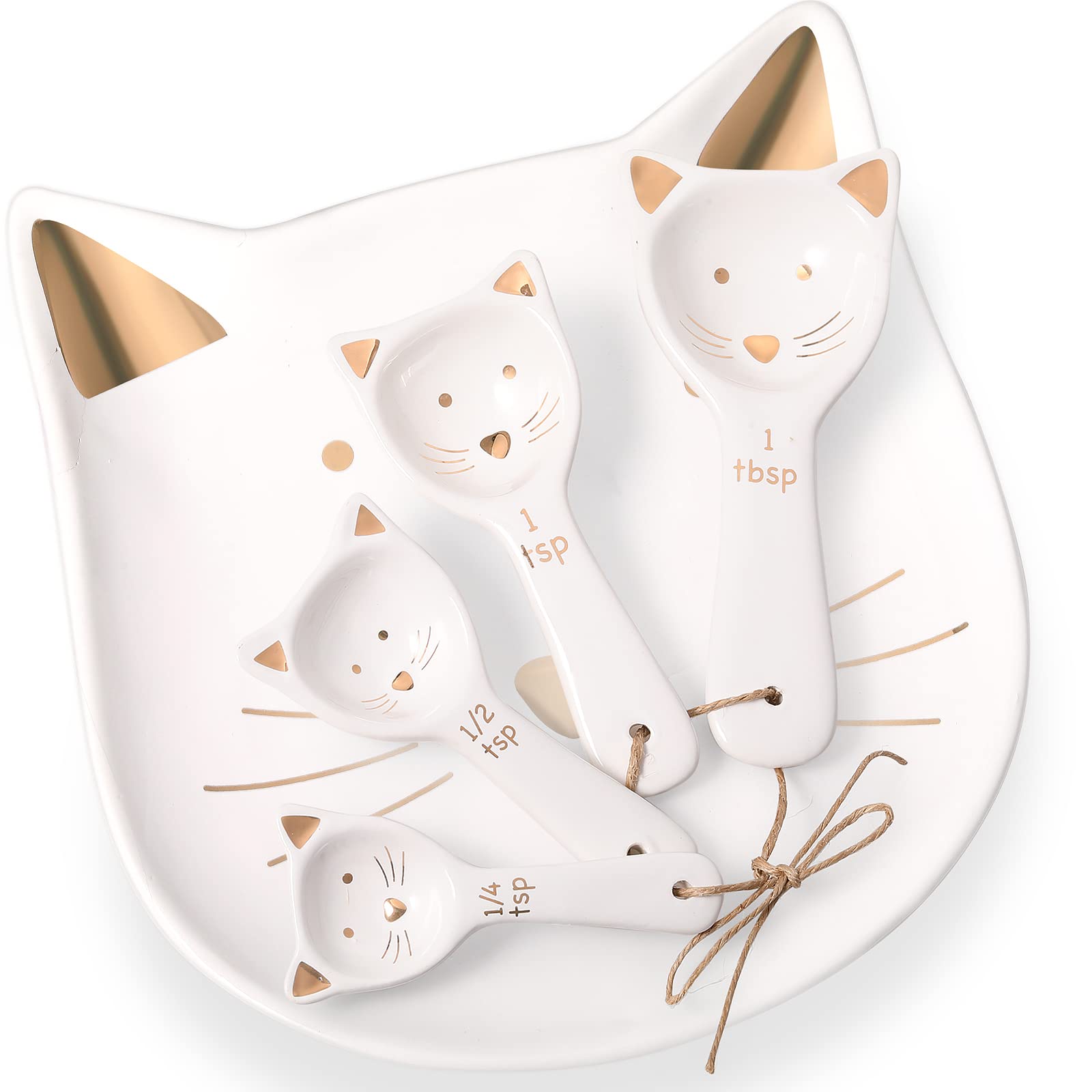Patelai 5 Pcs Cat Measuring Spoons, Ceramic Kitchen Tool with Tray, White